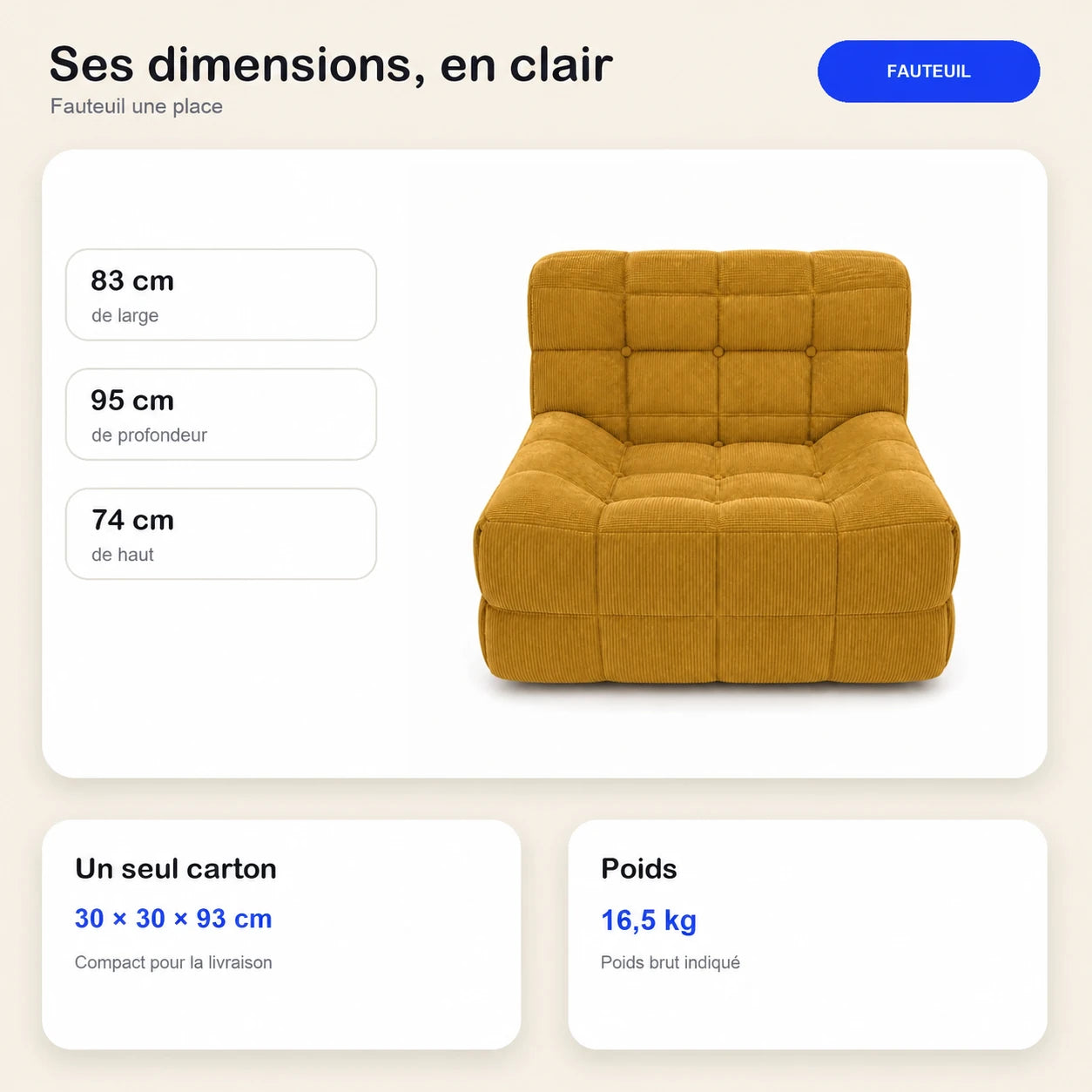 #JauneMoutarde Chauffeuse Waffle Mini matelassée 1 place jaune moutarde, dimensions 83 x 95 x 74 cm, carton de 30 x 30 x 93 cm, 16,5 kg