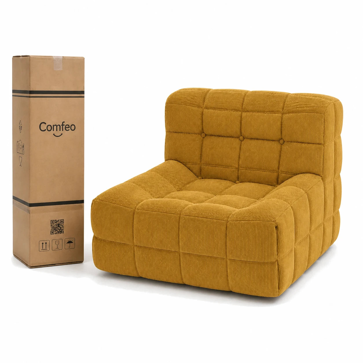 #JauneMoutarde Chauffeuse Waffle Mini matelassée 1 place jaune moutarde, livrée compressée dans un seul carton de 30 x 30 x 93 cm
