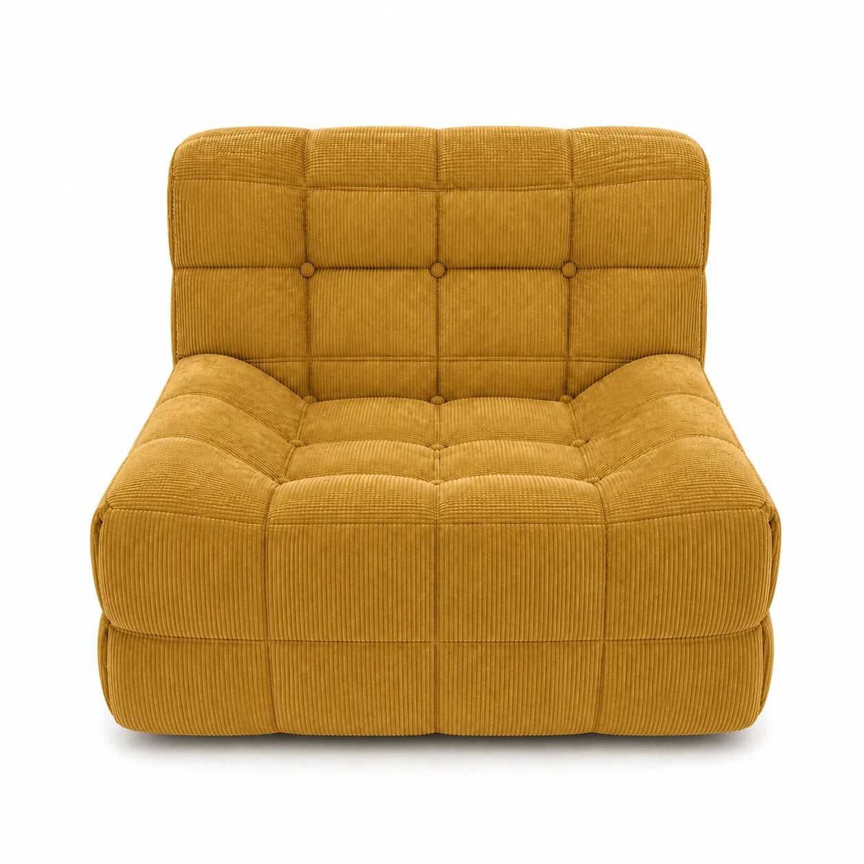 #JauneMoutarde Chauffeuse Waffle Mini matelassée 1 place jaune moutarde, vue de face, assise basse et matelassage en damier