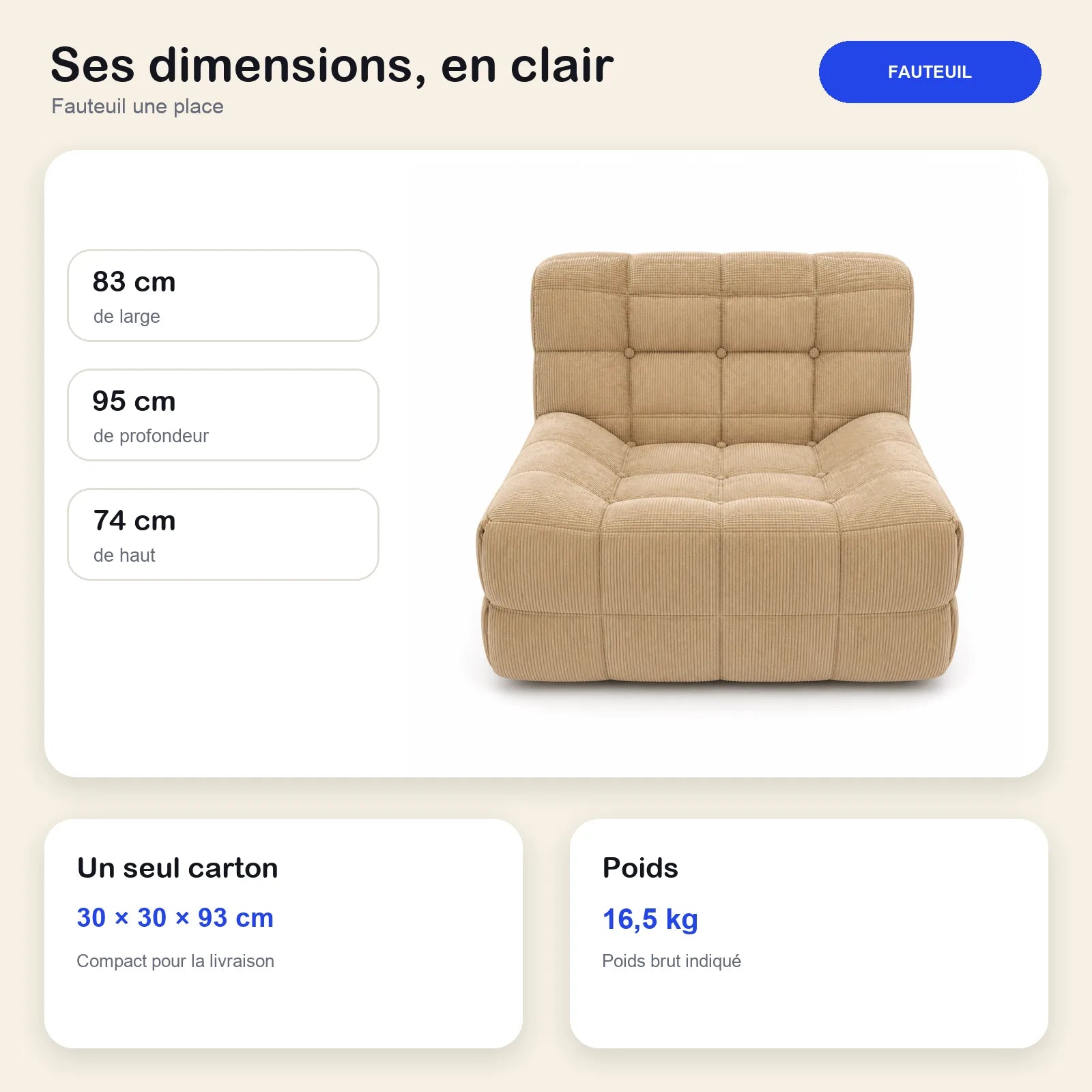 #MarronSable Chauffeuse Waffle Mini matelassée 1 place marron sable, dimensions 83 x 95 x 74 cm, carton de 30 x 30 x 93 cm, 16,5 kg