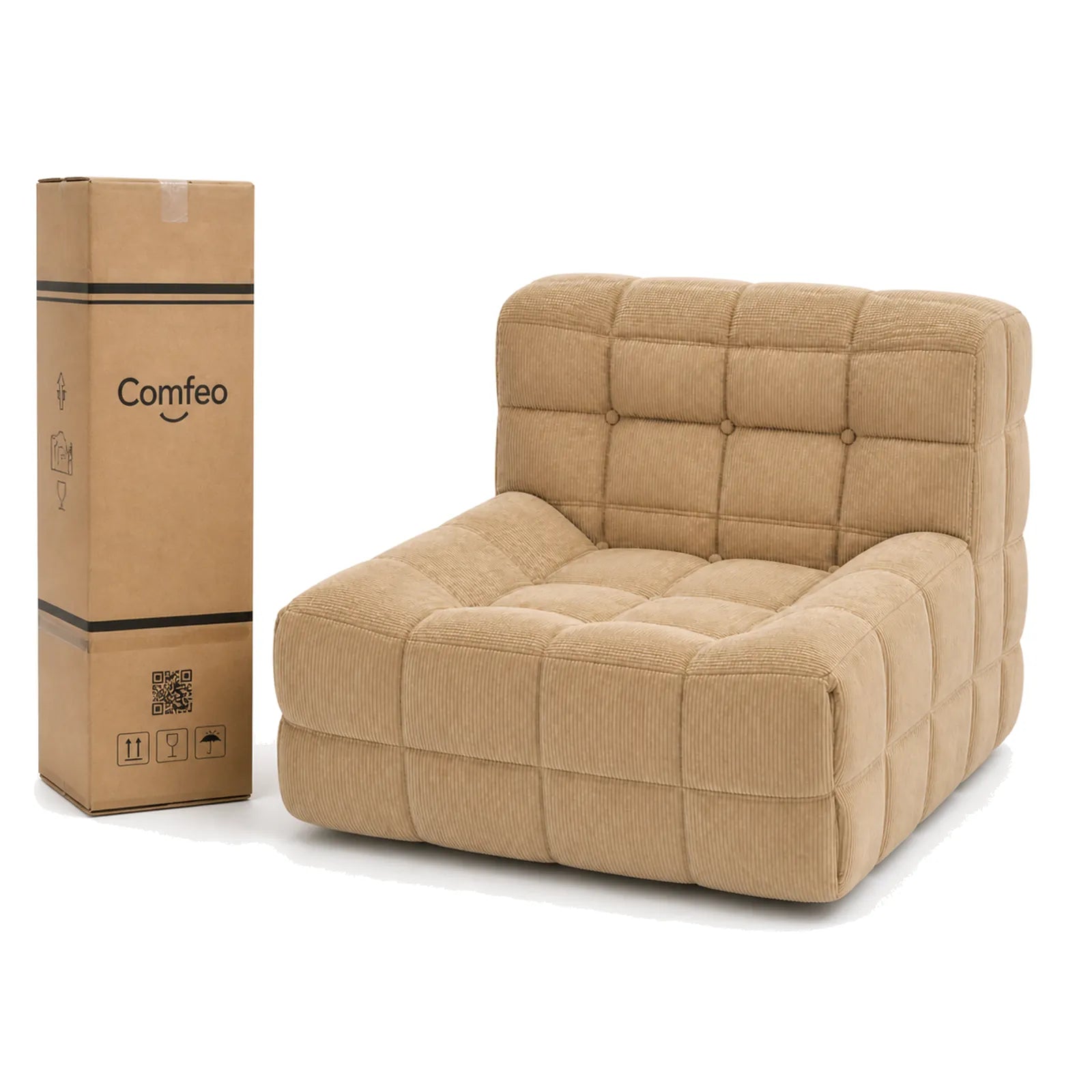 #MarronSable Chauffeuse Waffle Mini matelassée 1 place marron sable, livrée compressée dans un seul carton de 30 x 30 x 93 cm
