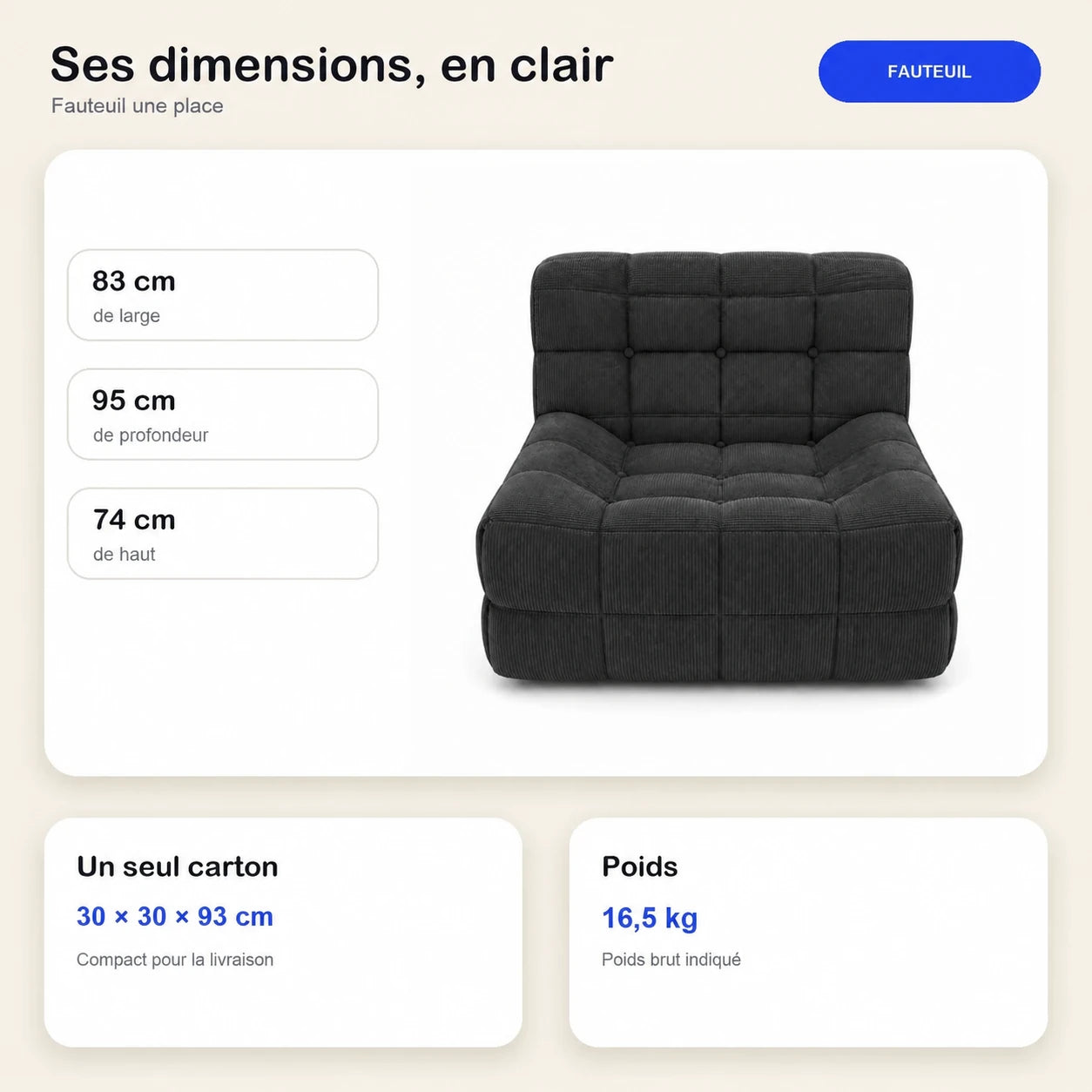 #Noir Chauffeuse Waffle Mini matelassée 1 place noir, dimensions 83 x 95 x 74 cm, carton de 30 x 30 x 93 cm, 16,5 kg