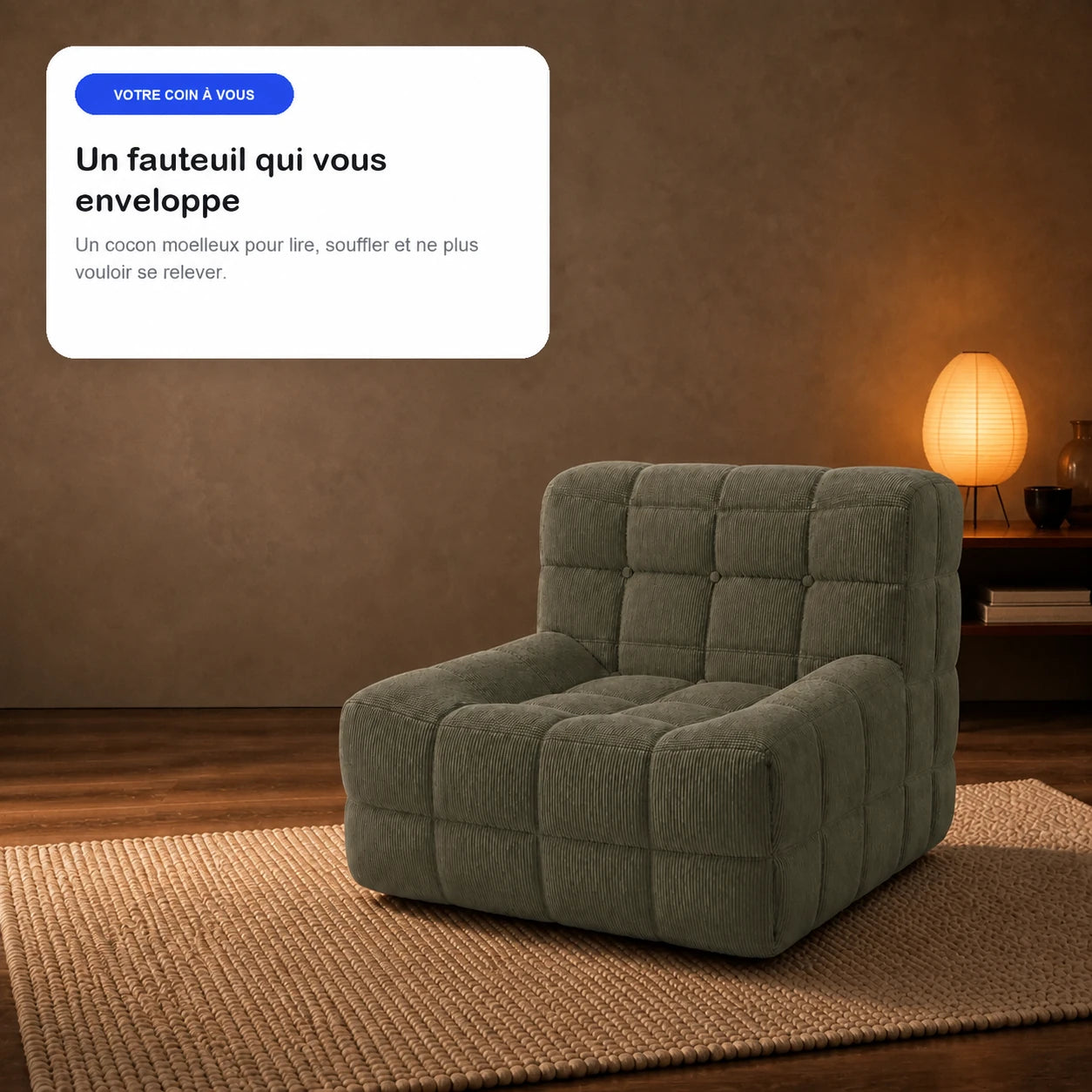 #VertOlive Chauffeuse Waffle Mini matelassée 1 place vert olive, en situation, ambiance détente