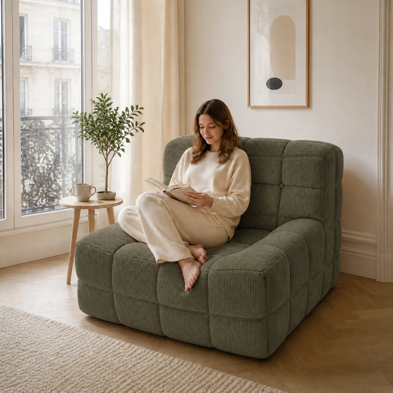 #VertOlive Chauffeuse Waffle Mini matelassée 1 place vert olive, installé dans un salon lumineux