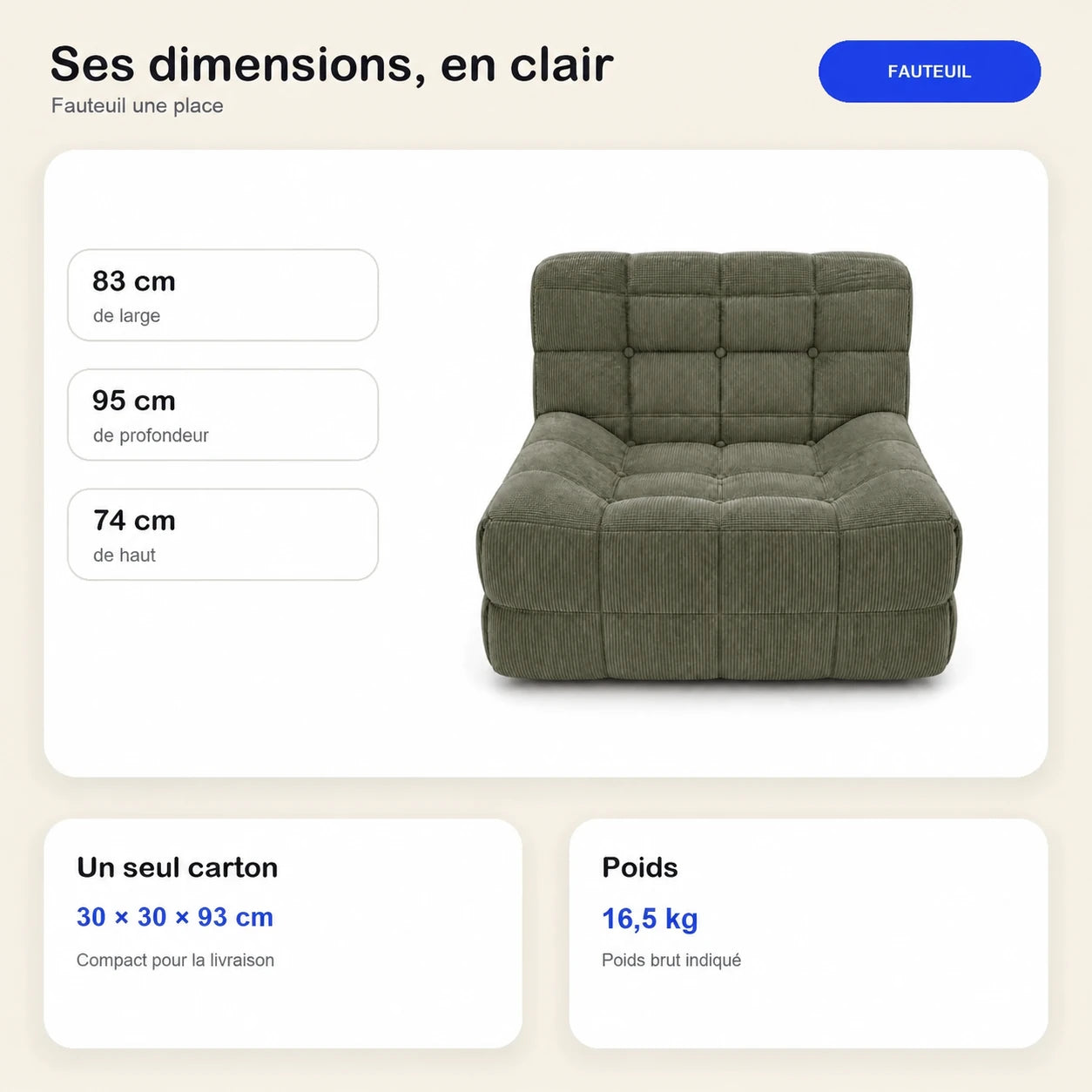 #VertOlive Chauffeuse Waffle Mini matelassée 1 place vert olive, dimensions 83 x 95 x 74 cm, carton de 30 x 30 x 93 cm, 16,5 kg
