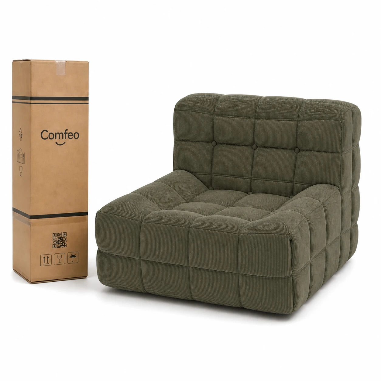 #VertOlive Chauffeuse Waffle Mini matelassée 1 place vert olive, livrée compressée dans un seul carton de 30 x 30 x 93 cm