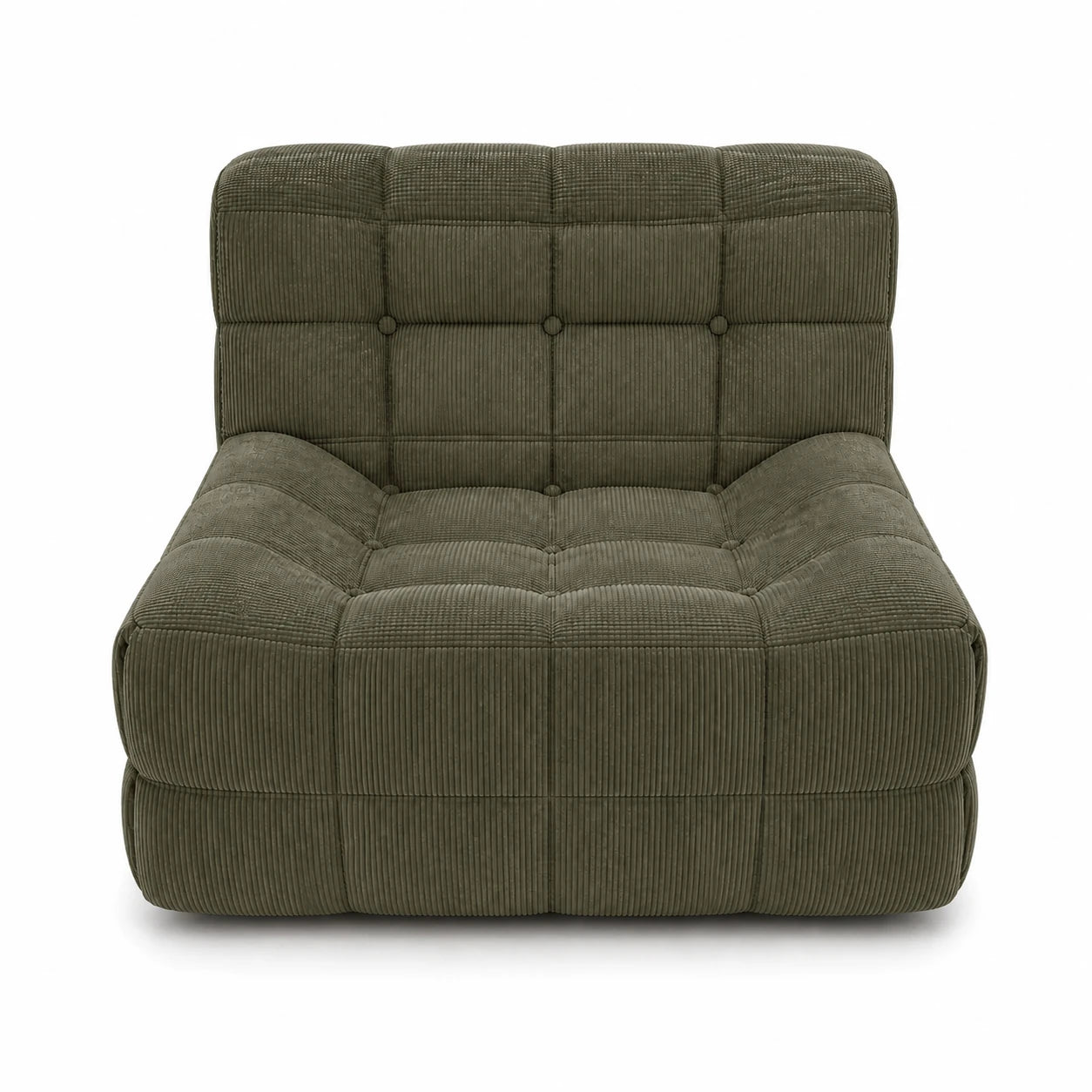 #VertOlive Chauffeuse Waffle Mini matelassée 1 place vert olive, vue de face, assise basse et matelassage en damier