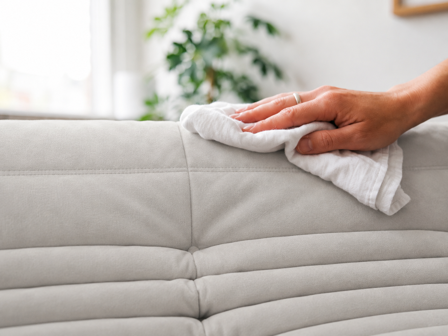 Entretien du canapé Koto : un coup de chiffon doux suffit sur le tissu microfibre