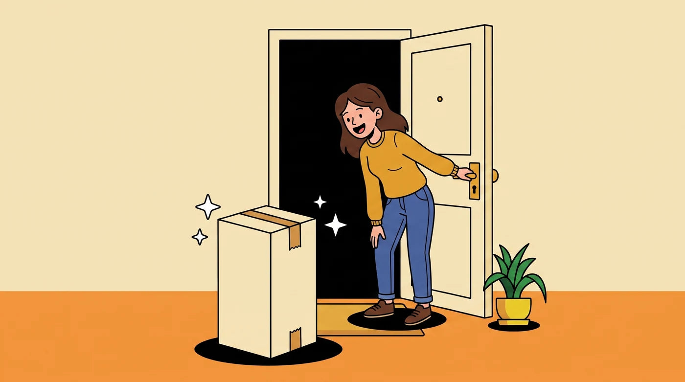 Illustration Comfeo : elle découvre le carton compact du canapé livré devant sa porte