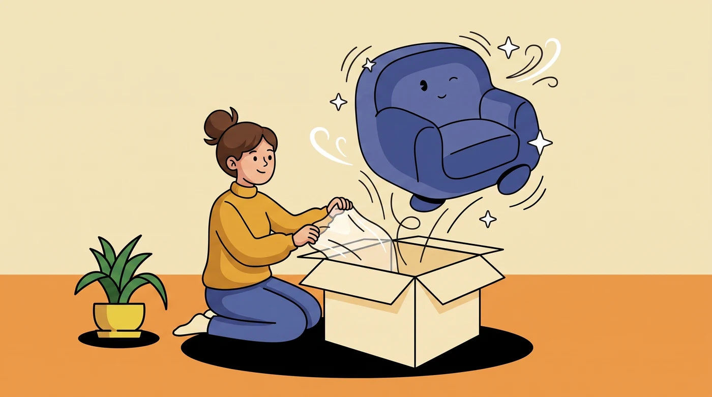 Illustration Comfeo : à l'ouverture du film sous vide, le canapé reprend sa forme sous ses yeux