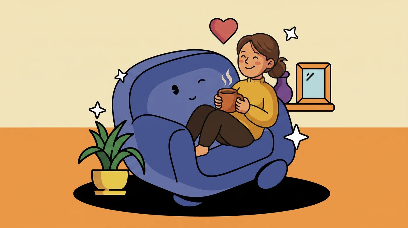 Illustration Comfeo : quelques minutes plus tard, elle est déjà installée dans son canapé