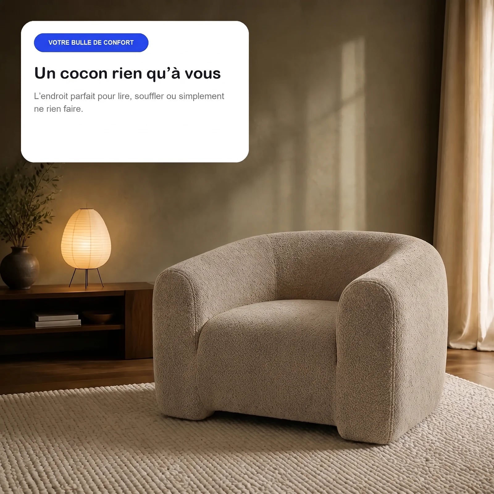 #BeigeSable Fauteuil Cocoun beige sable, en situation, coin lecture