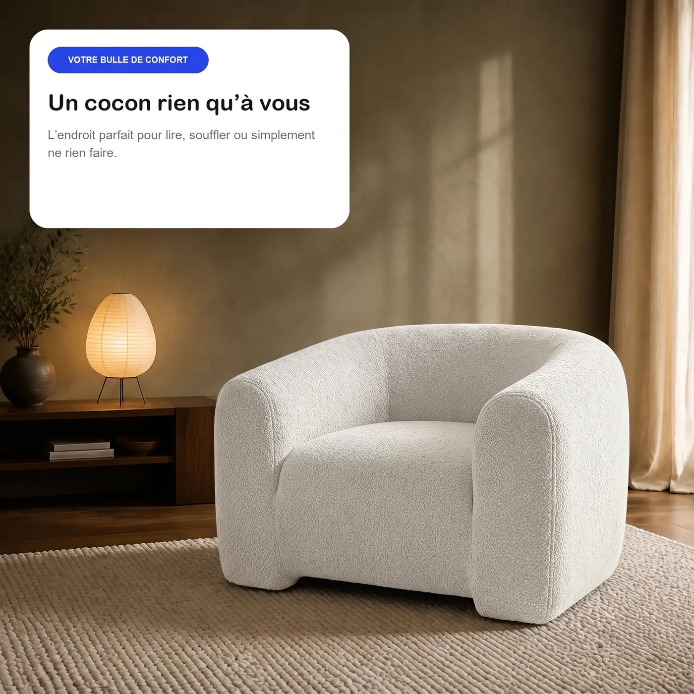 #BlancCrème Fauteuil Cocoun blanc crème, en situation, coin lecture