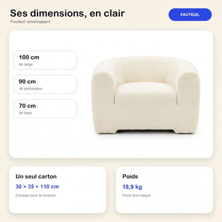 #BlancCrème Fauteuil Cocoun blanc crème, dimensions 100 x 90 x 70 cm, carton de 30 x 35 x 110 cm, 18,9 kg
