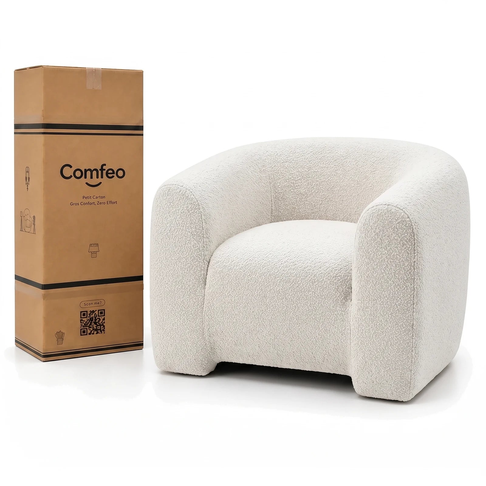 #BlancCrème Fauteuil Cocoun blanc crème, livré compressé dans un seul carton de 30 x 35 x 110 cm