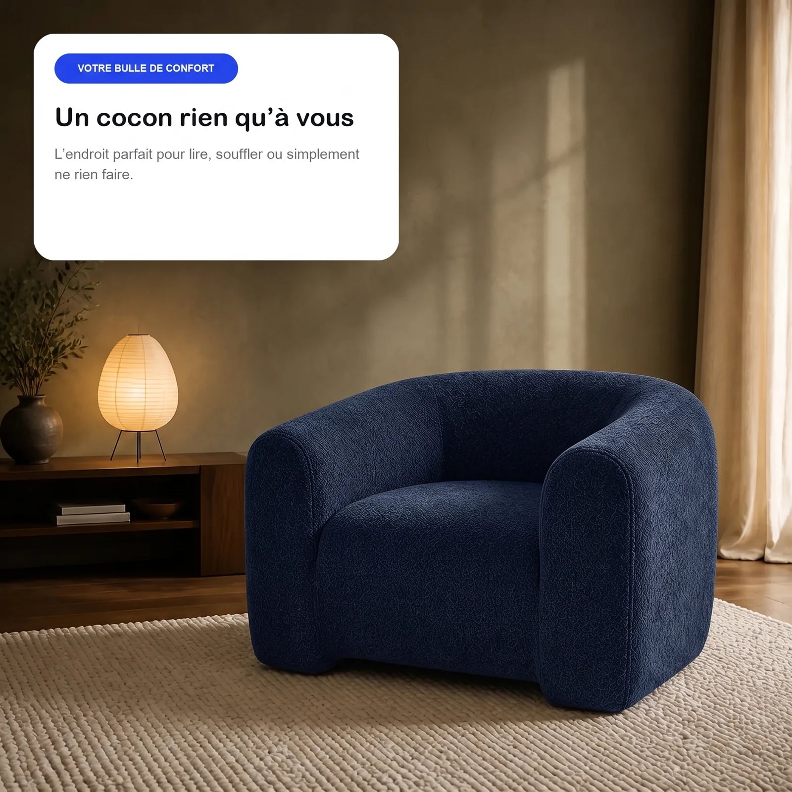 #BleuMarine Fauteuil Cocoun bleu marine, en situation, coin lecture