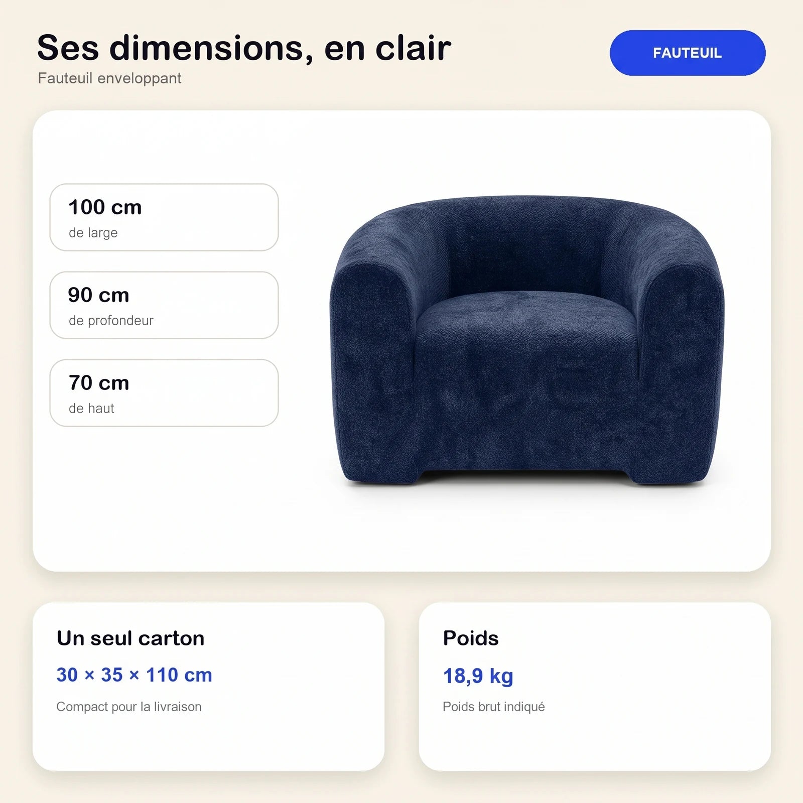 #BleuMarine Fauteuil Cocoun bleu marine, dimensions 100 x 90 x 70 cm, carton de 30 x 35 x 110 cm, 18,9 kg
