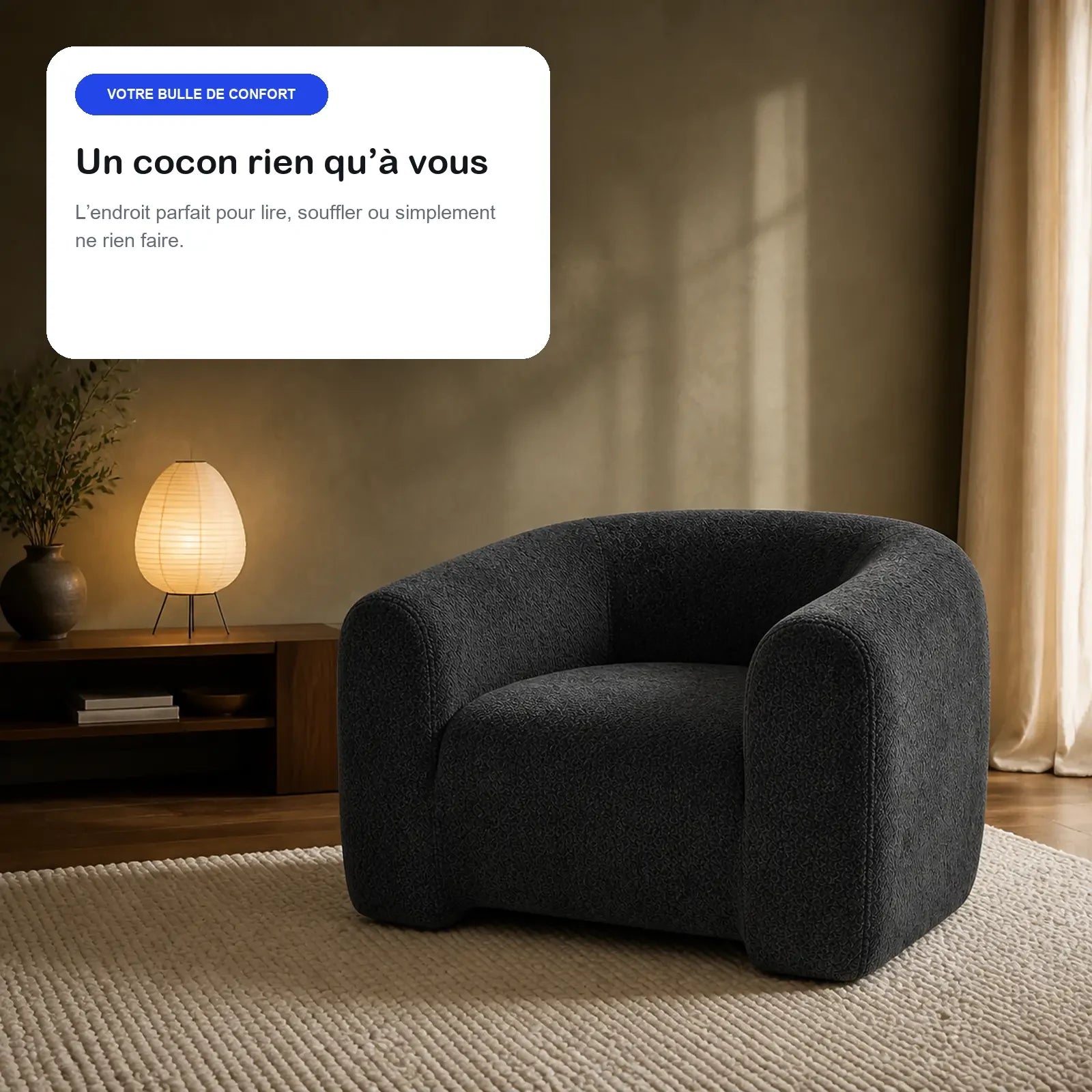 #Noir Fauteuil Cocoun noir, en situation, coin lecture