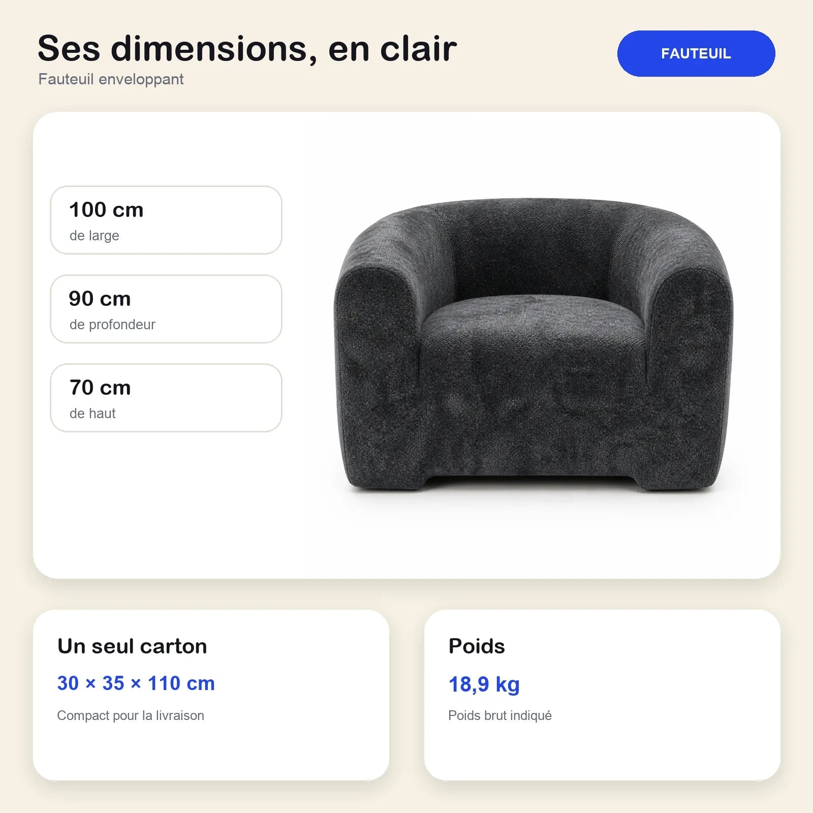 #Noir Fauteuil Cocoun noir, dimensions 100 x 90 x 70 cm, carton de 30 x 35 x 110 cm, 18,9 kg