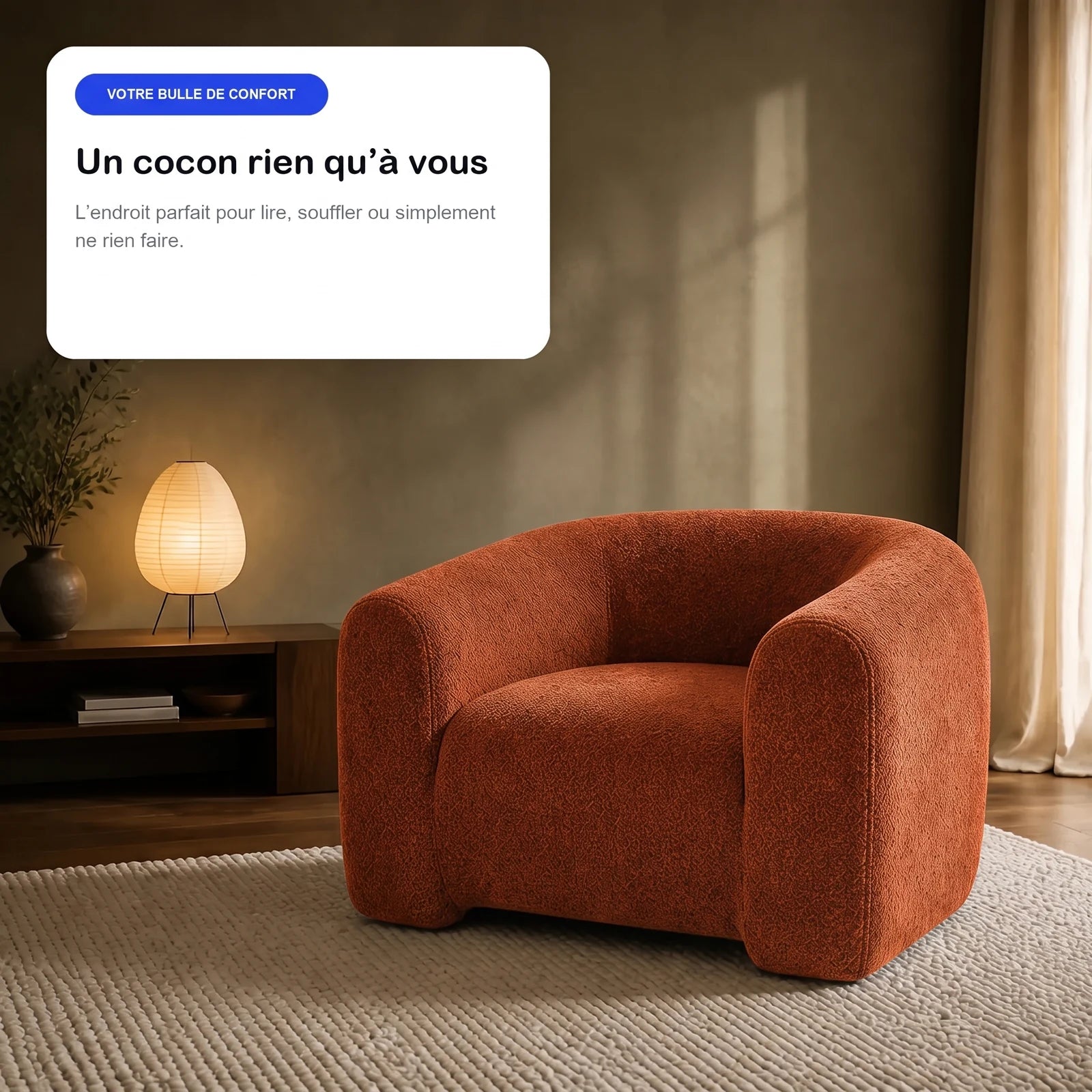 #OrangeTerracotta Fauteuil Cocoun orange terracotta, en situation, coin lecture