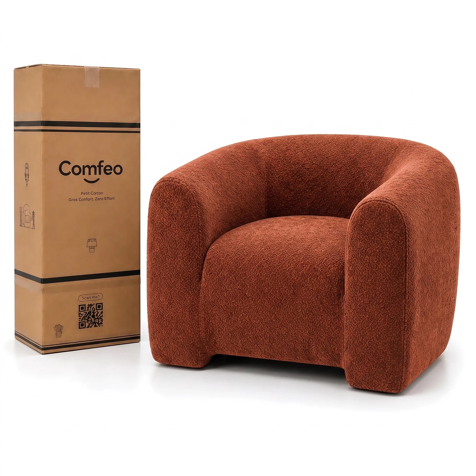 #OrangeTerracotta Fauteuil Cocoun orange terracotta, livré compressé dans un seul carton de 30 x 35 x 110 cm