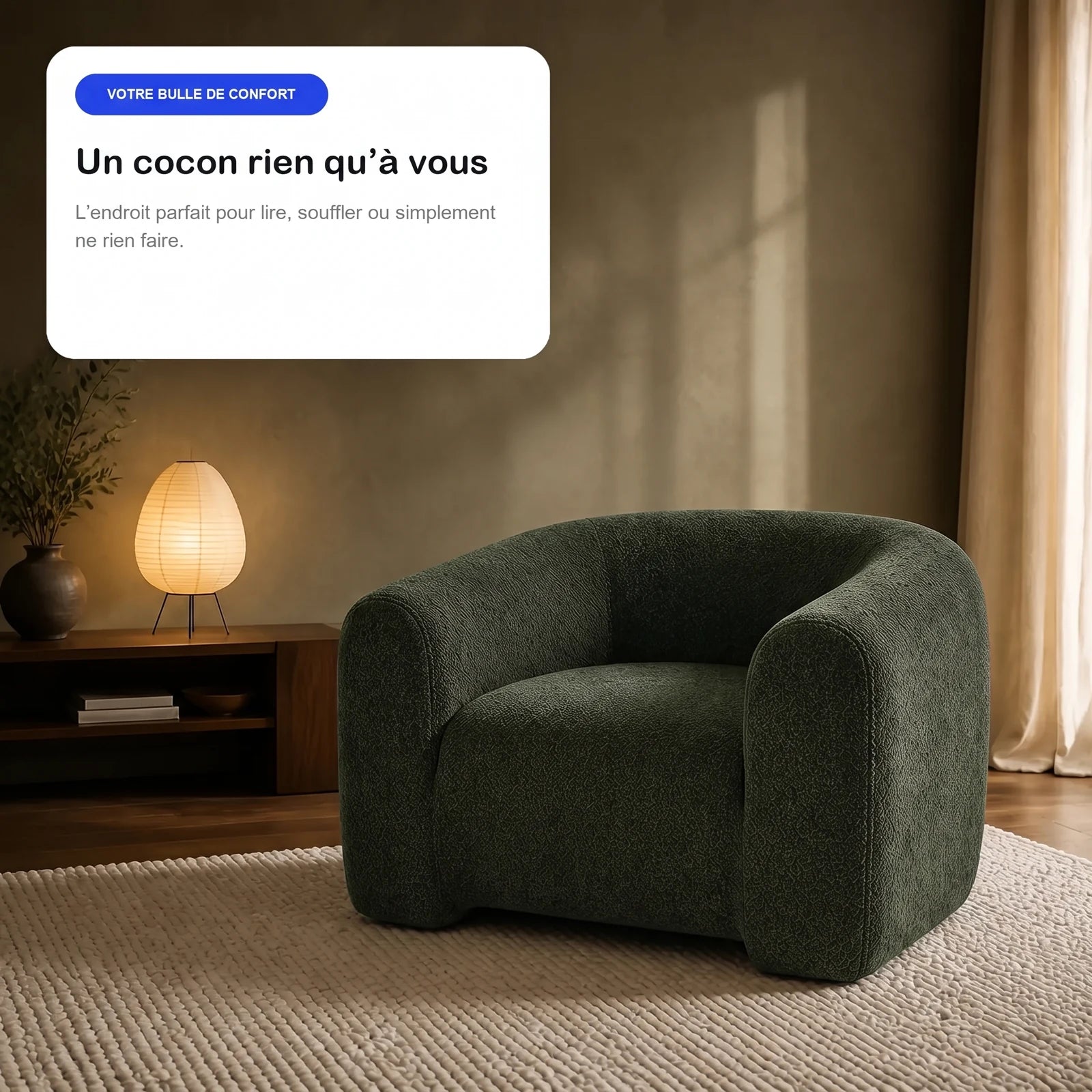 #Vert Fauteuil Cocoun vert, en situation, coin lecture