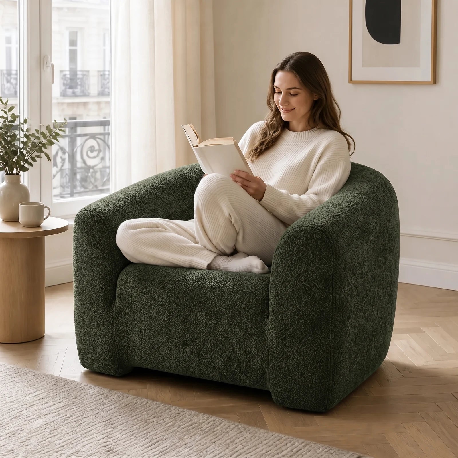 #Vert Fauteuil Cocoun vert, installé dans un salon lumineux