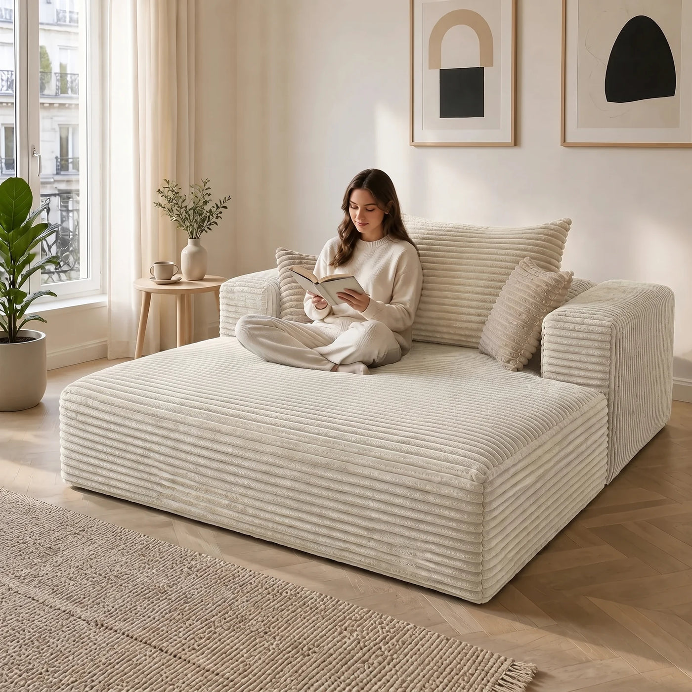 #BlancCrème Méridienne Ampio Bed blanc crème en velours côtelé, installée dans un salon lumineux, en situation