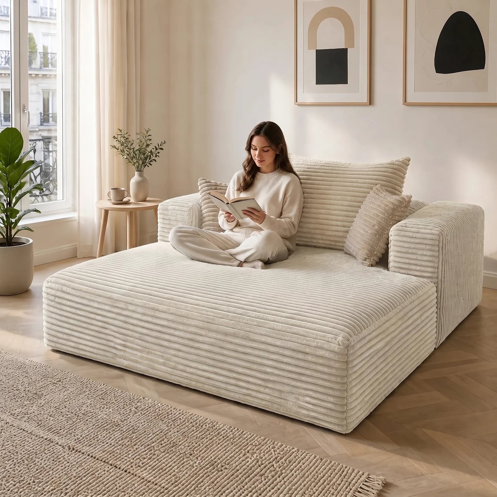#BlancCrème Méridienne Ampio Bed blanc crème en velours côtelé, installée dans un salon lumineux, en situation