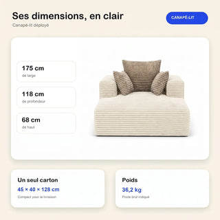 #BlancCrème Méridienne Ampio Bed blanc crème en velours côtelé, dimensions 175 x 118 x 68 cm, carton de 45 x 40 x 128 cm, 36,2 kg