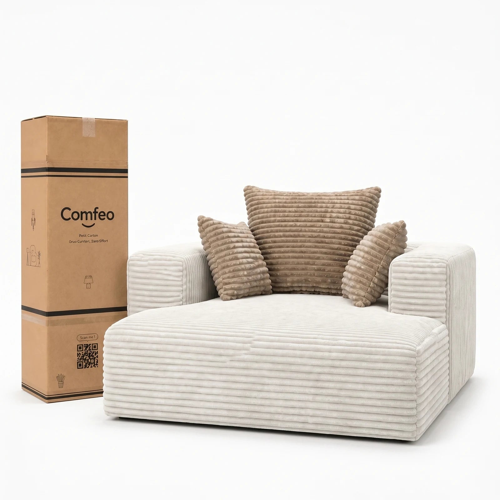 #BlancCrème Méridienne Ampio Bed blanc crème en velours côtelé, livrée compressée dans un seul carton de 45 x 40 x 128 cm