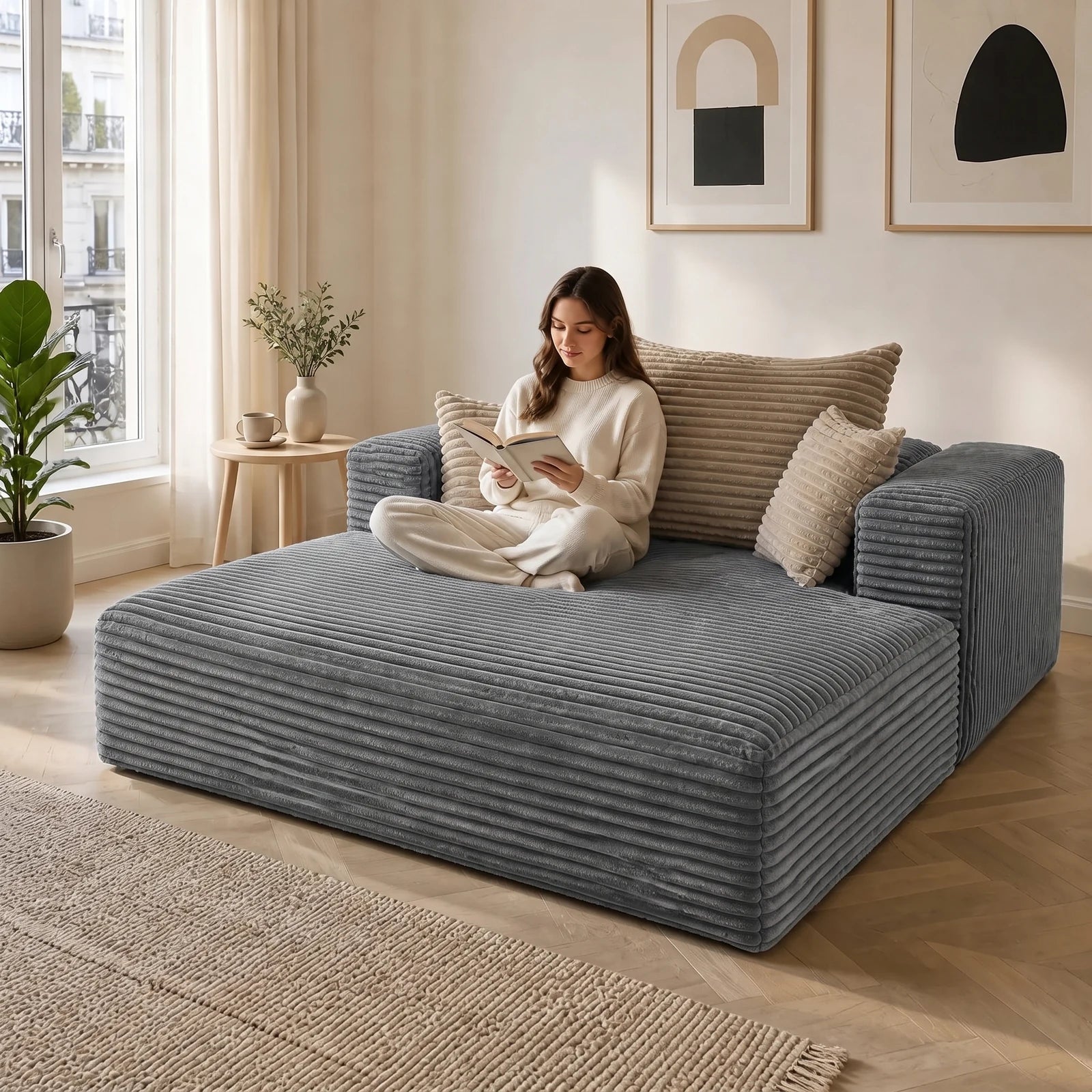 #Gris Méridienne Ampio Bed gris en velours côtelé, installée dans un salon lumineux, en situation