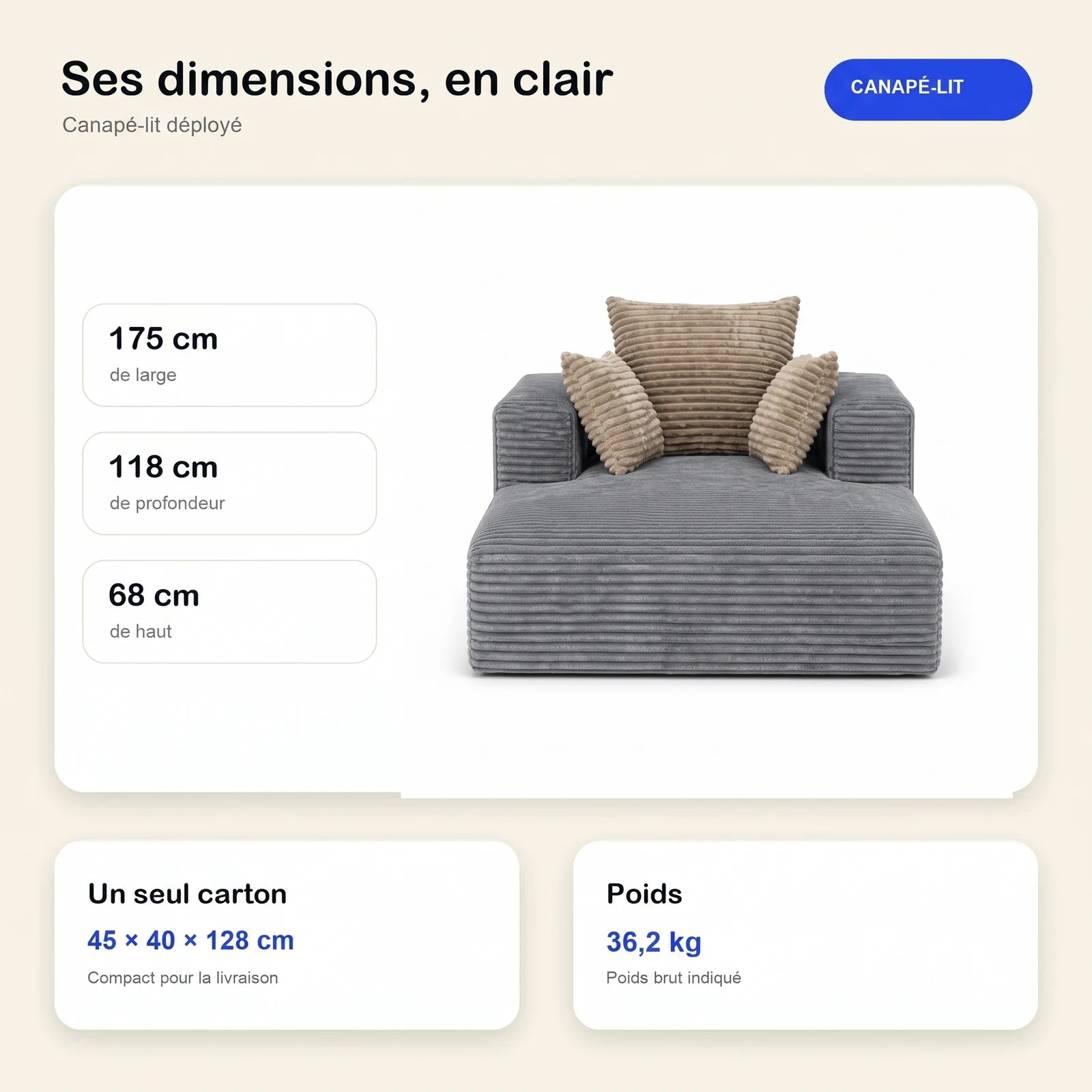 #Gris Méridienne Ampio Bed gris en velours côtelé, dimensions 175 x 118 x 68 cm, carton de 45 x 40 x 128 cm, 36,2 kg
