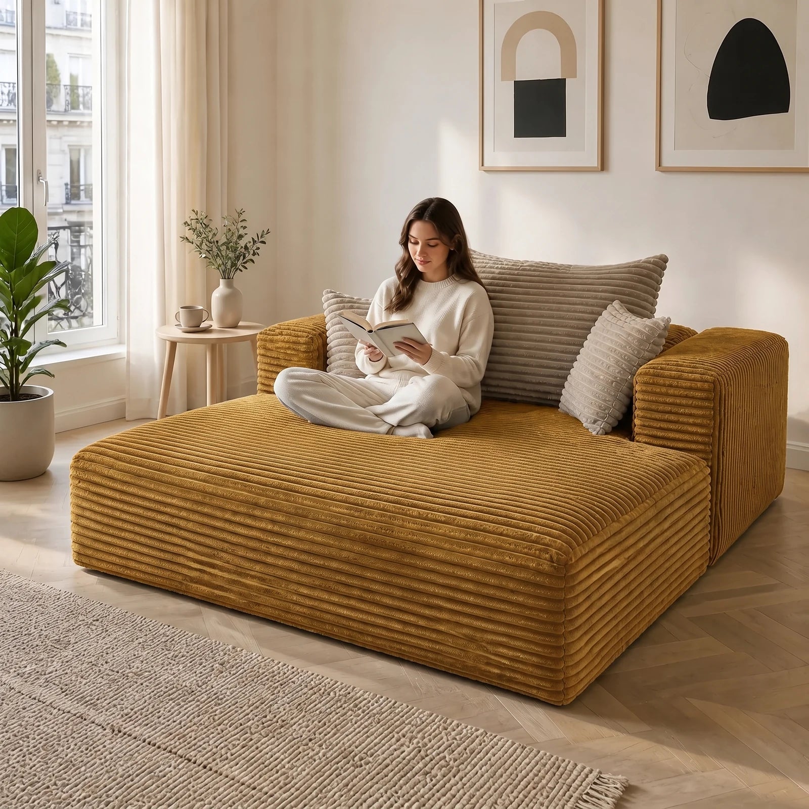 #JauneMoutarde Méridienne Ampio Bed jaune moutarde en velours côtelé, installée dans un salon lumineux, en situation