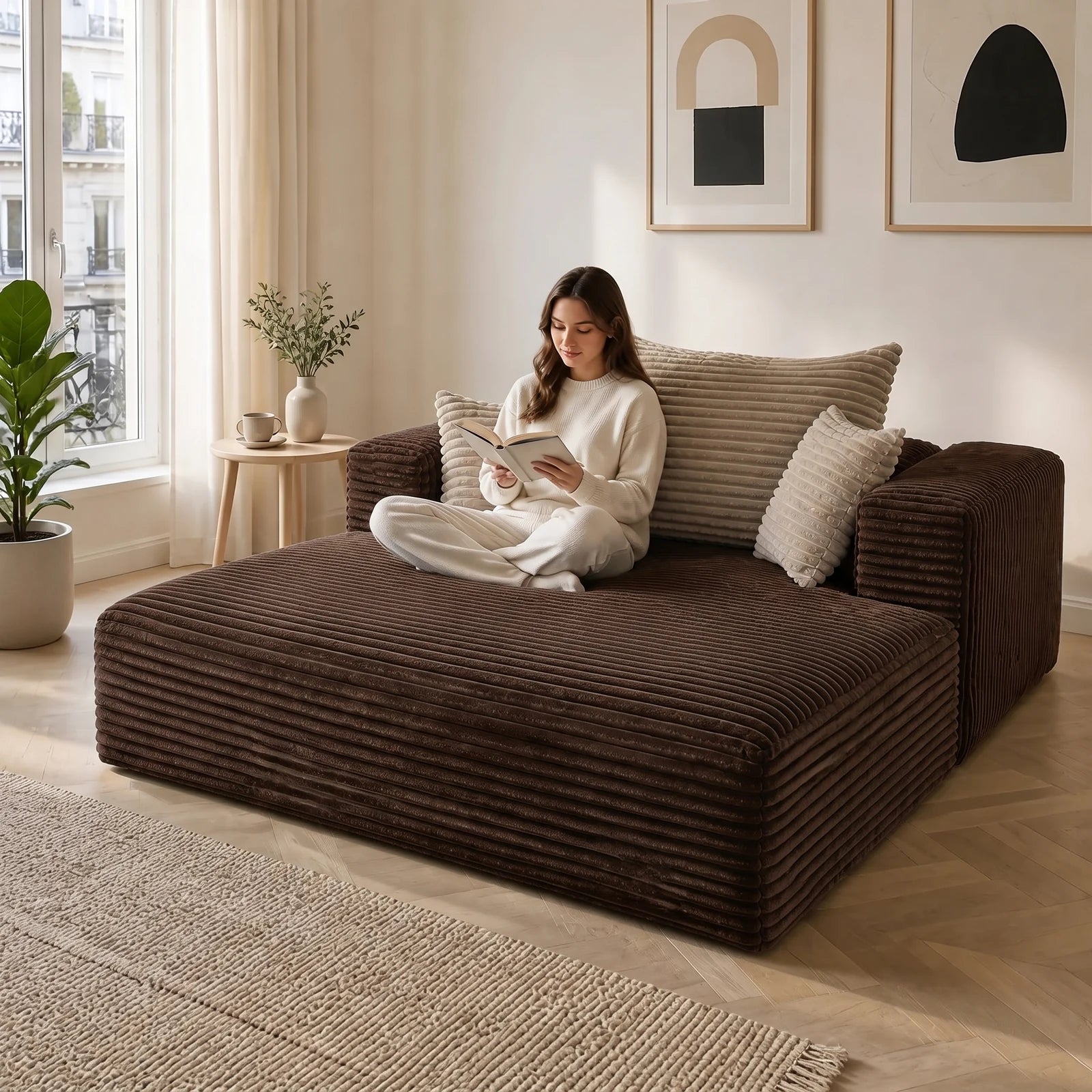 #Marron Méridienne Ampio Bed marron en velours côtelé, installée dans un salon lumineux, en situation