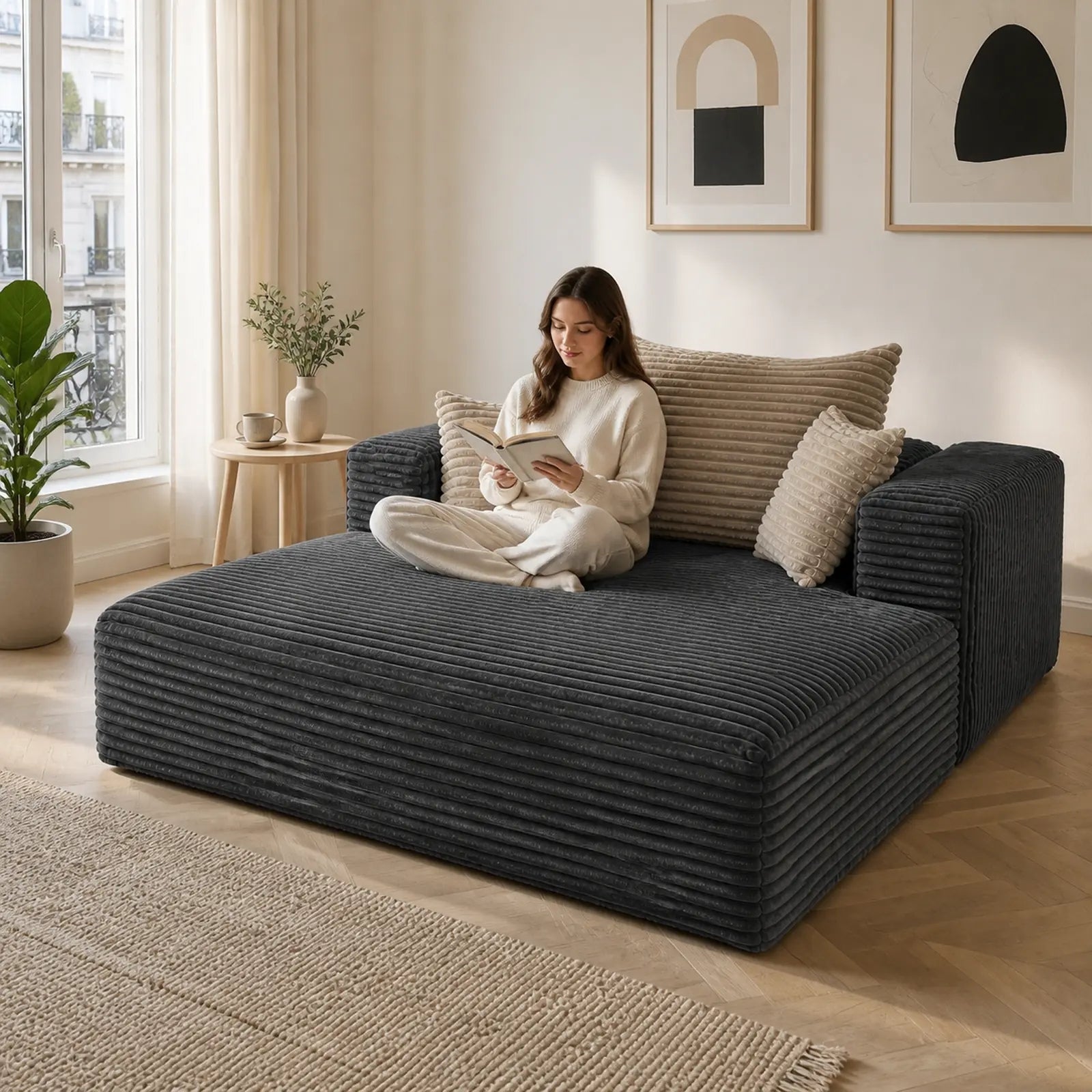 #Noir Méridienne Ampio Bed noir en velours côtelé, installée dans un salon lumineux, en situation