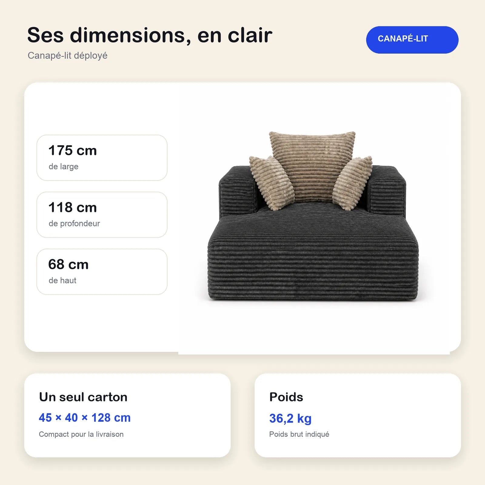 #Noir Méridienne Ampio Bed noir en velours côtelé, dimensions 175 x 118 x 68 cm, carton de 45 x 40 x 128 cm, 36,2 kg