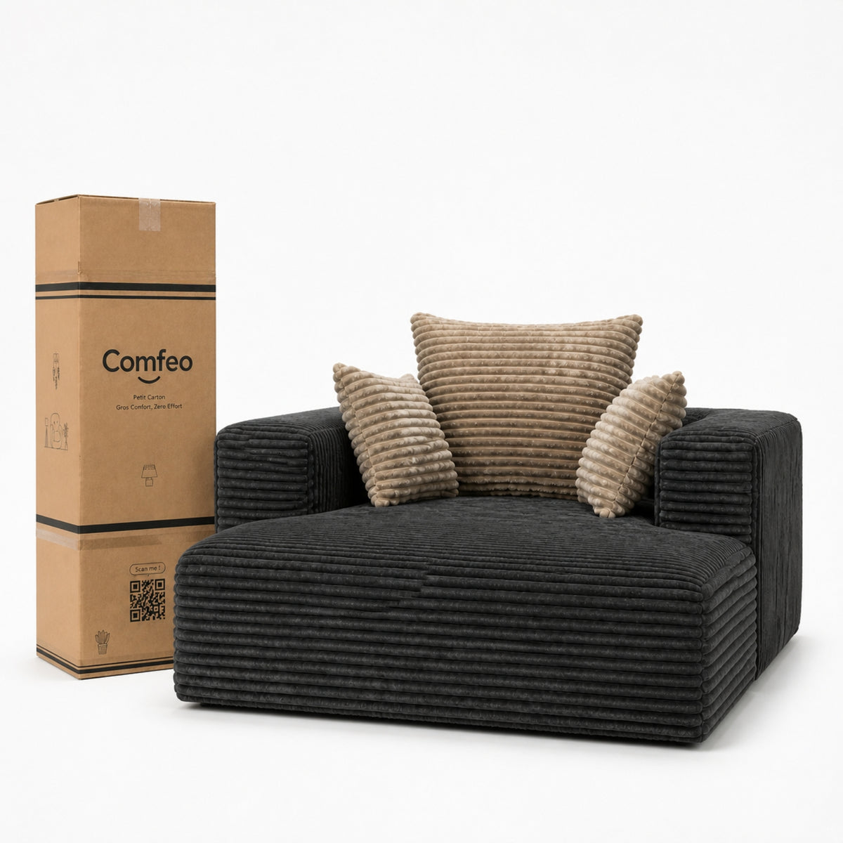 #Noir Méridienne Ampio Bed noir en velours côtelé, livrée compressée dans un seul carton de 45 x 40 x 128 cm