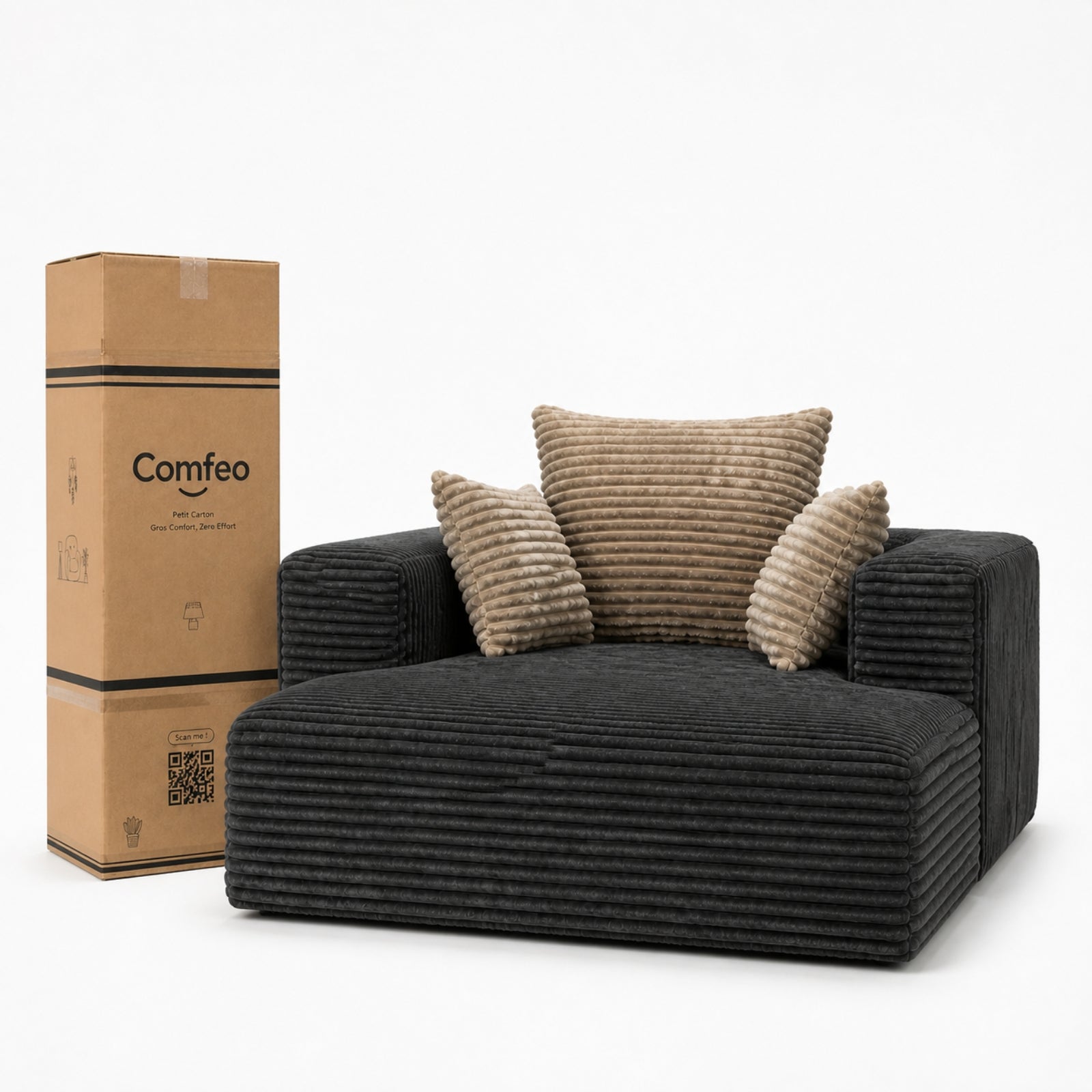 #Noir Méridienne Ampio Bed noir en velours côtelé, livrée compressée dans un seul carton de 45 x 40 x 128 cm