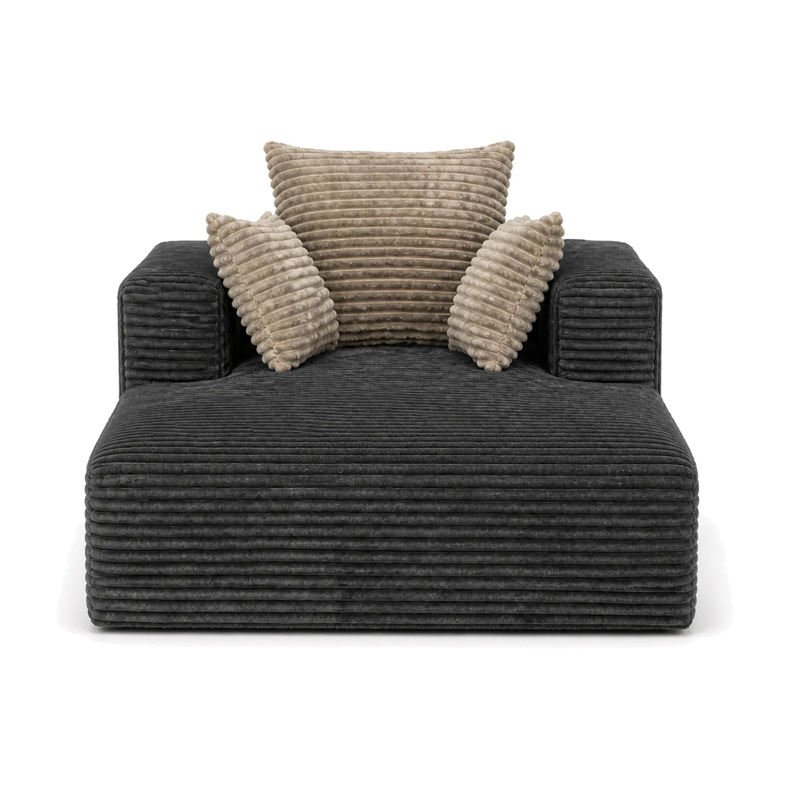 #Noir Méridienne Ampio Bed noir en velours côtelé, vue de face, assise de 118 cm de profondeur
