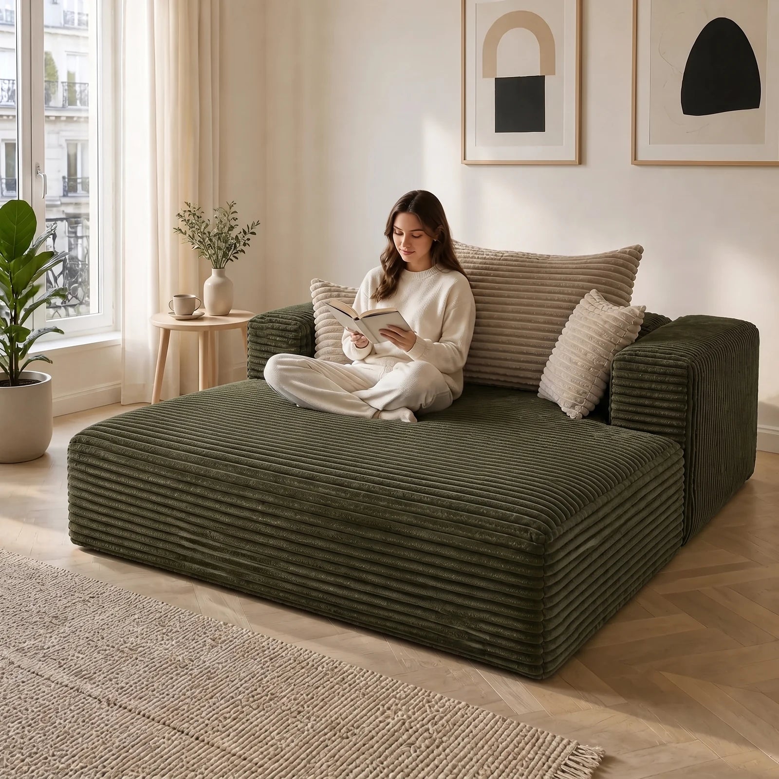 #VertKaki Méridienne Ampio Bed vert kaki en velours côtelé, installée dans un salon lumineux, en situation