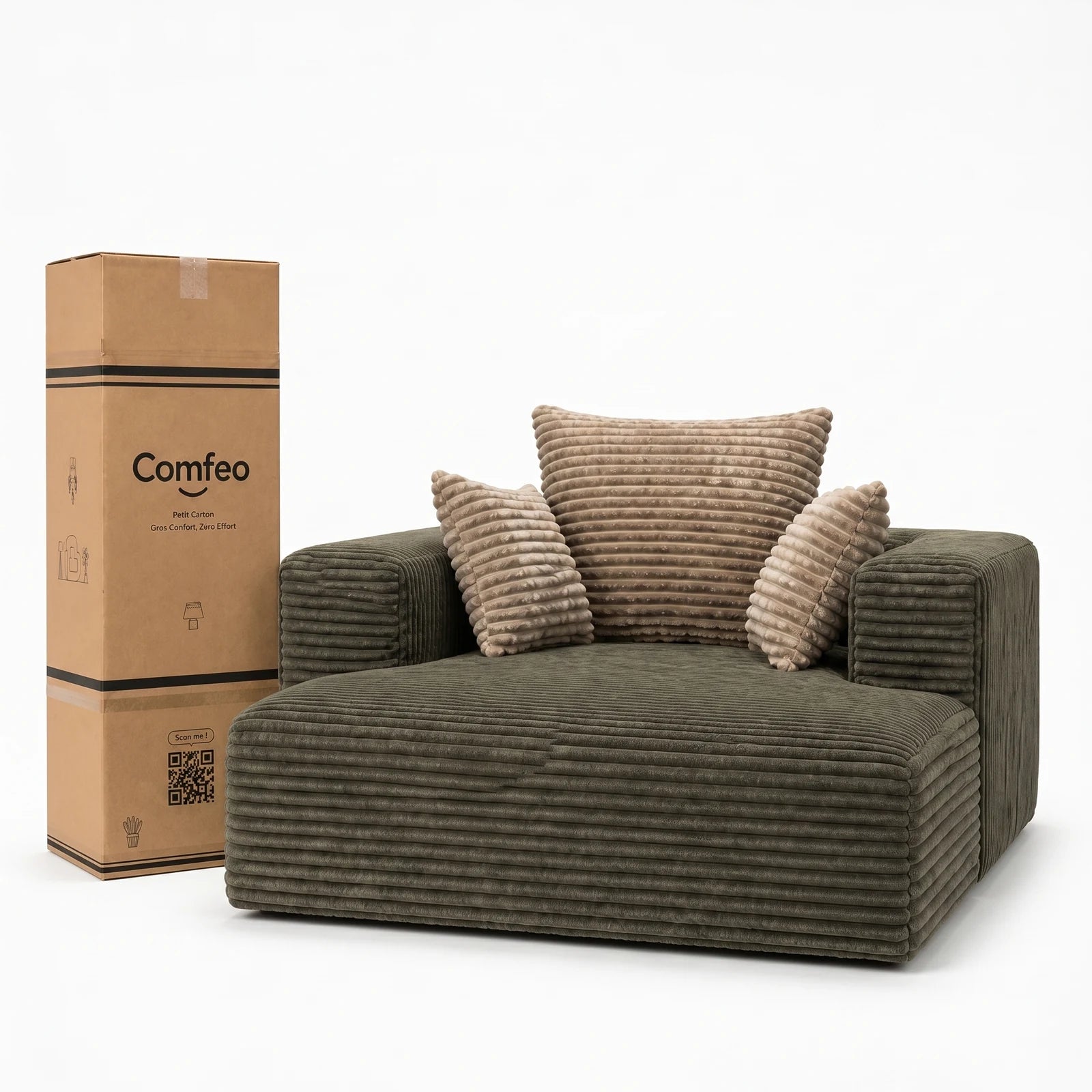 #VertKaki Méridienne Ampio Bed vert kaki en velours côtelé, livrée compressée dans un seul carton de 45 x 40 x 128 cm