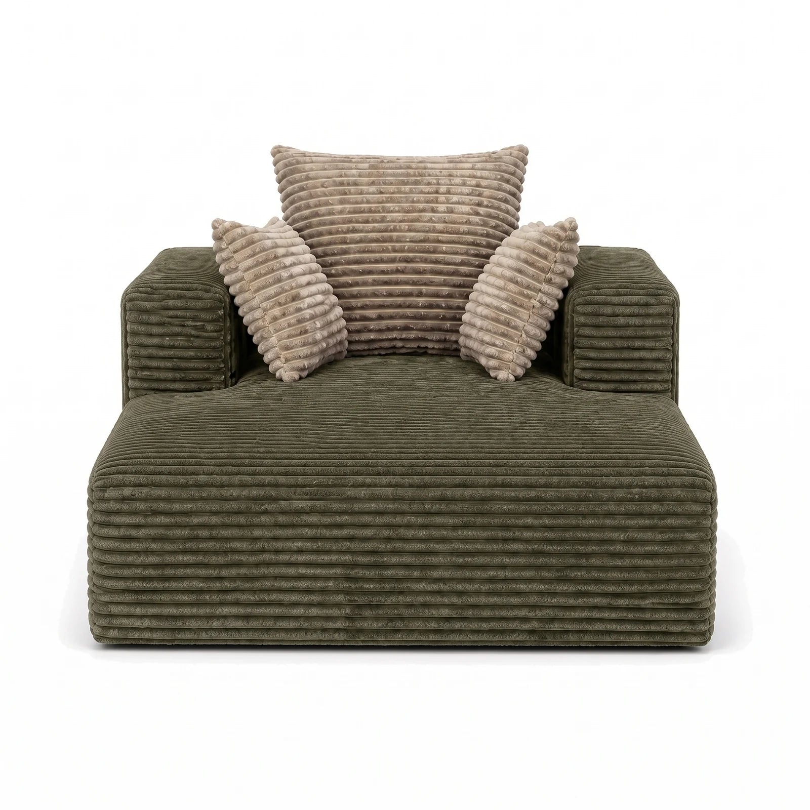 #VertKaki Méridienne Ampio Bed vert kaki en velours côtelé, vue de face, assise de 118 cm de profondeur