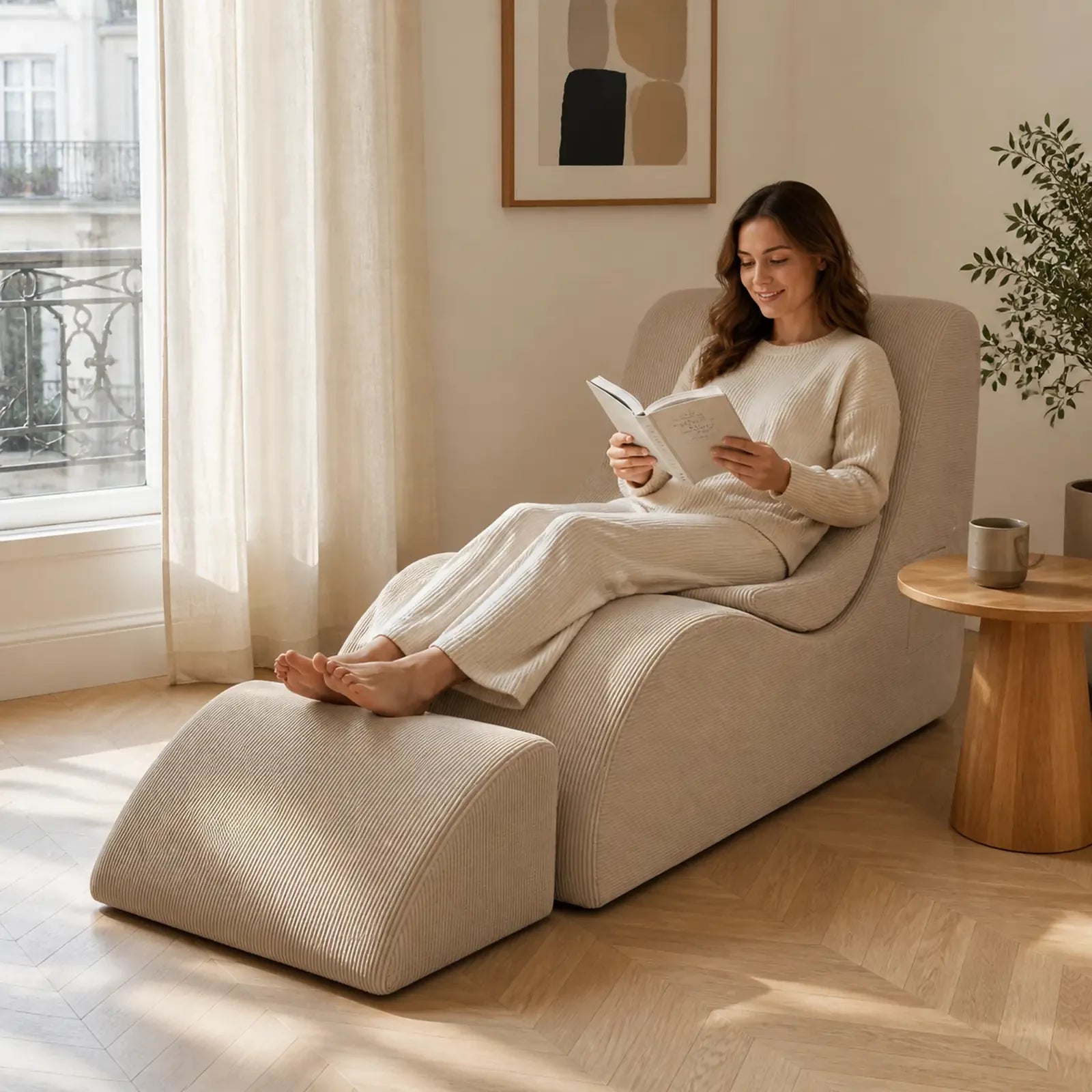 #Beige Méridienne Wave Lounger beige, installée dans un salon lumineux