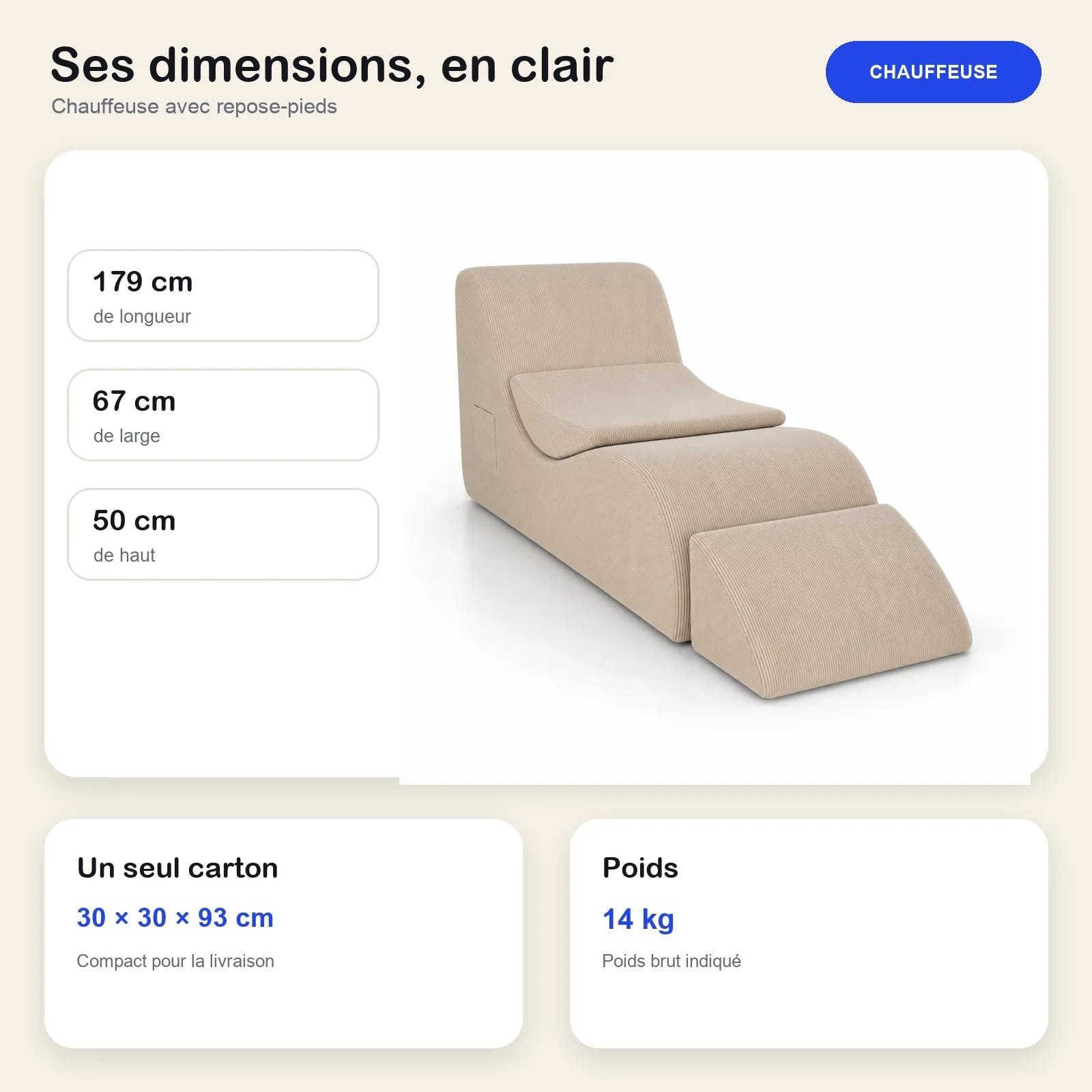 #Beige Méridienne Wave Lounger beige, dimensions 179 x 67 x 50 cm, carton de 30 x 30 x 93 cm, 14 kg