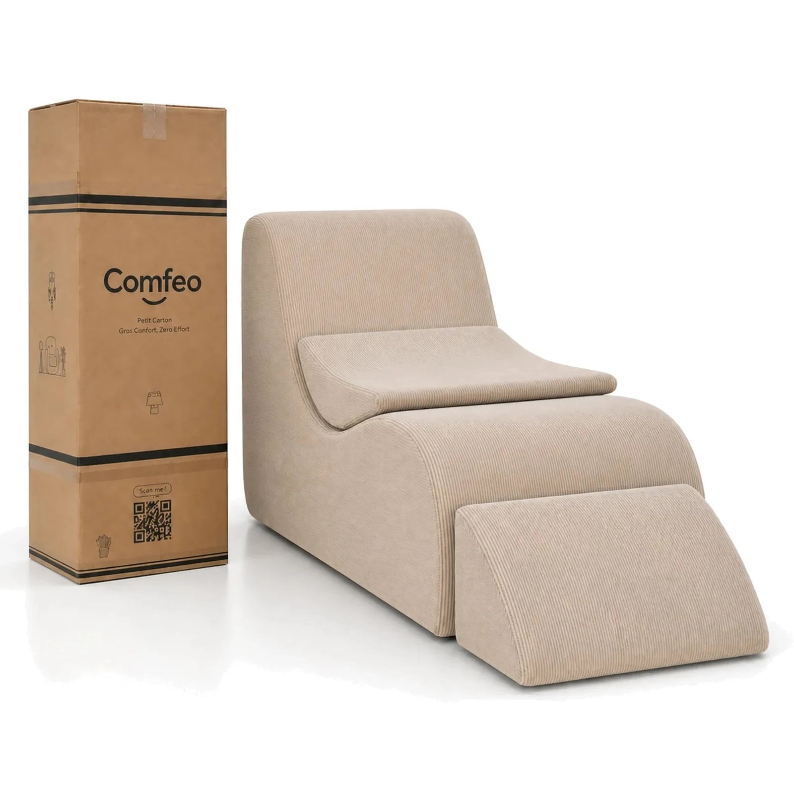 #Beige Méridienne Wave Lounger beige, livrée compressée dans un seul carton de 30 x 30 x 93 cm