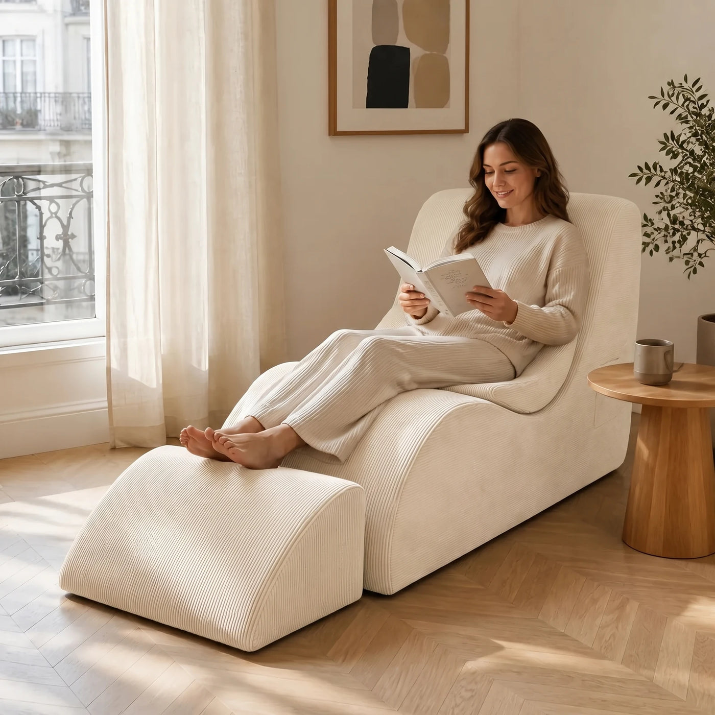 #BlancCrème Méridienne Wave Lounger blanc crème, installée dans un salon lumineux