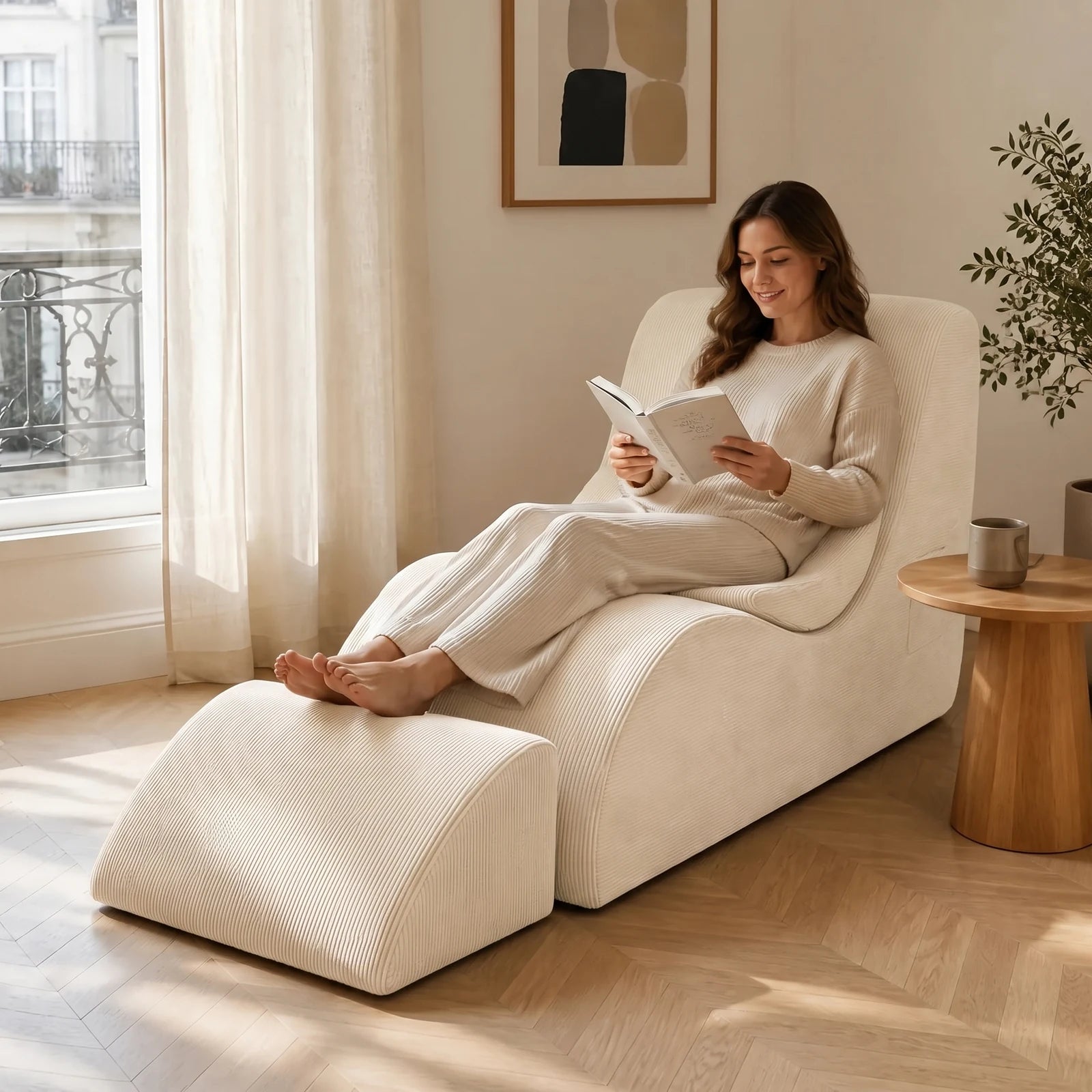 #BlancCrème Méridienne Wave Lounger blanc crème, installée dans un salon lumineux