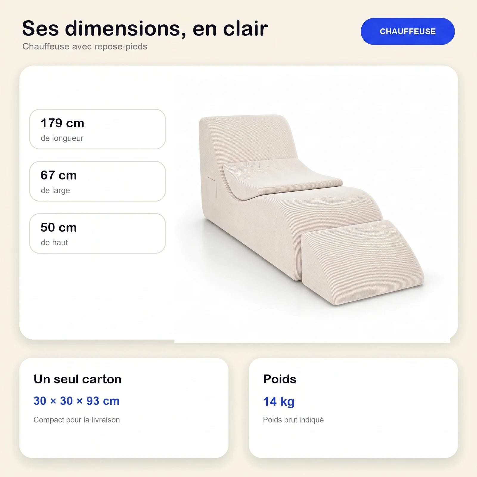 #BlancCrème Méridienne Wave Lounger blanc crème, dimensions 179 x 67 x 50 cm, carton de 30 x 30 x 93 cm, 14 kg