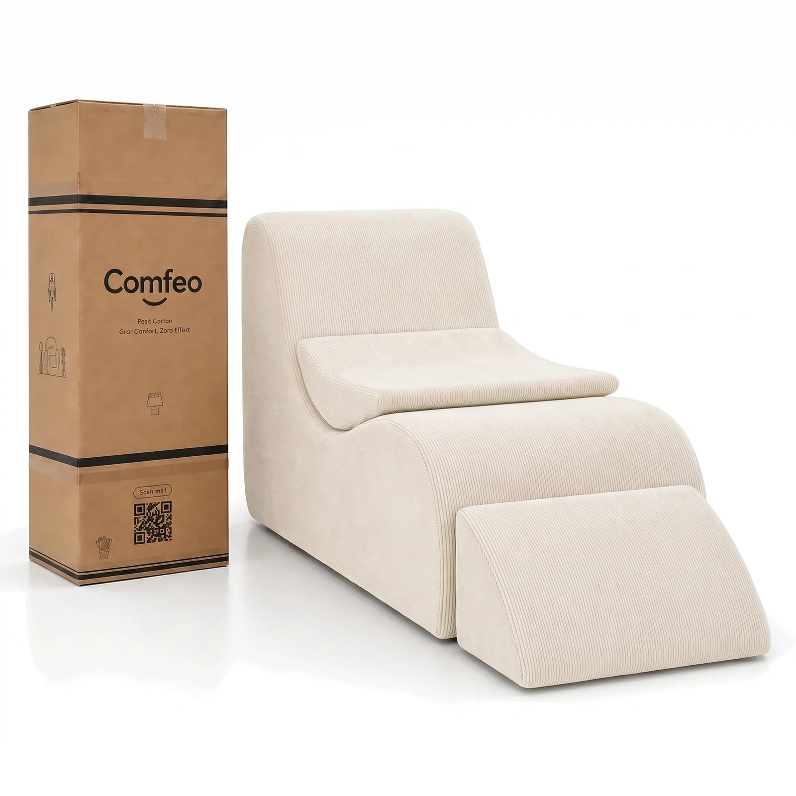 #BlancCrème Méridienne Wave Lounger blanc crème, livrée compressée dans un seul carton de 30 x 30 x 93 cm
